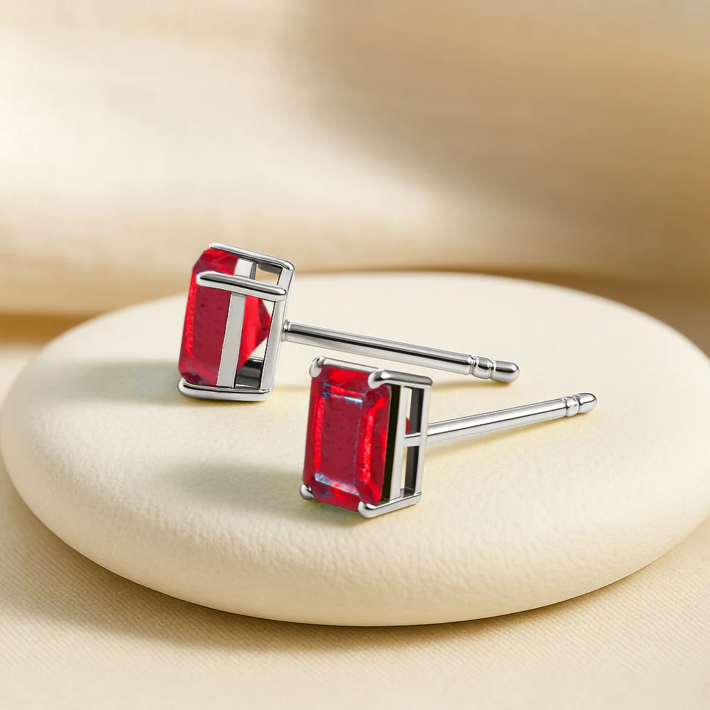 Ruby Octagon Stud Earrings in 925 Sterling Silver | 7x5mm Gemstone - Image 2