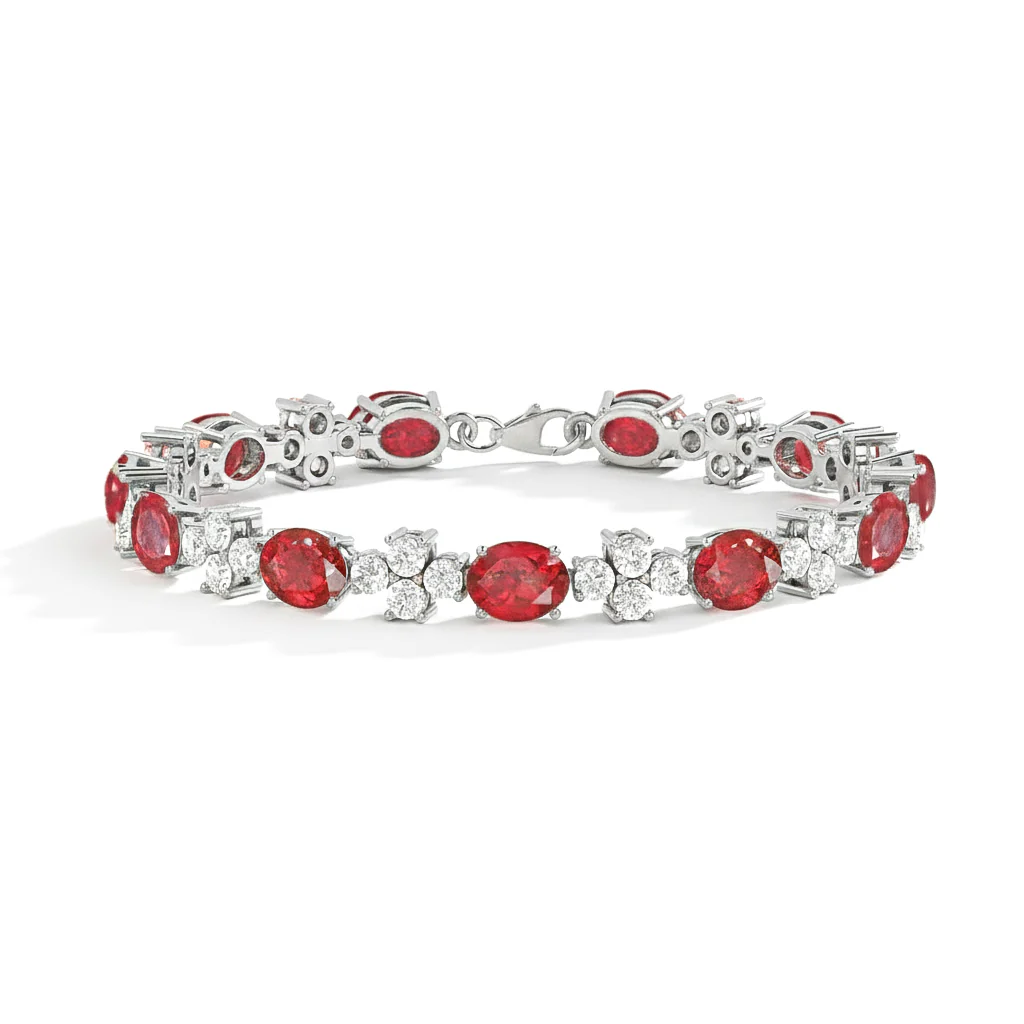 Ruby Oval and Round Shape Tennis Bracelet in 925 Sterling Silver 8X6 MM 13.2ct