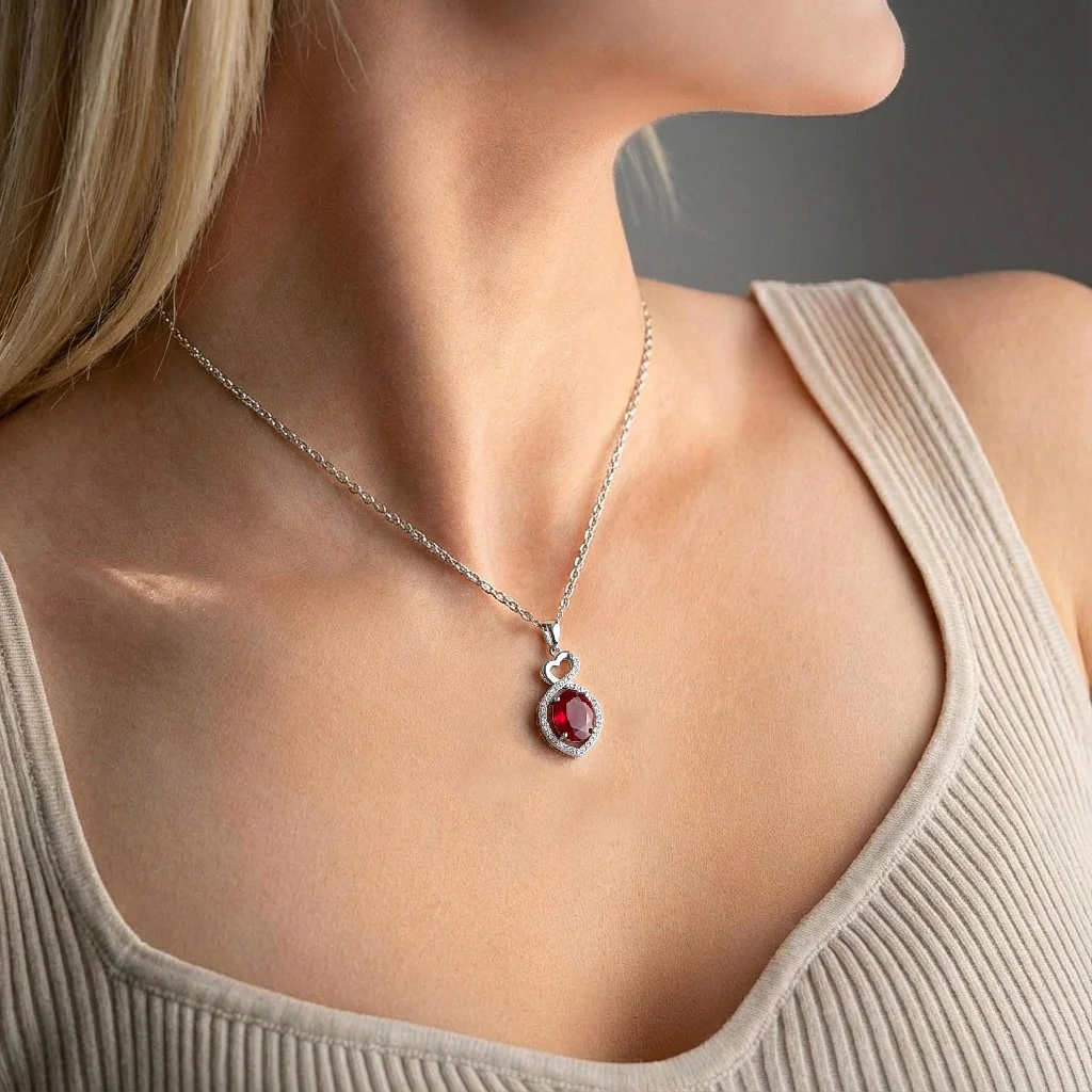 Ruby Oval Infinity Twist Heart Pendant Necklace in 925 Sterling Silver 1.2ct - Image 5