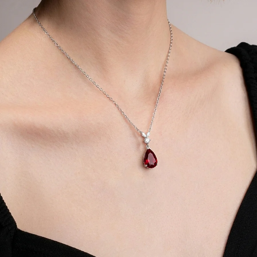 Ruby Pear Teardrop Pendant Necklace in 925 Sterling Silver 1.7ct - Image 6