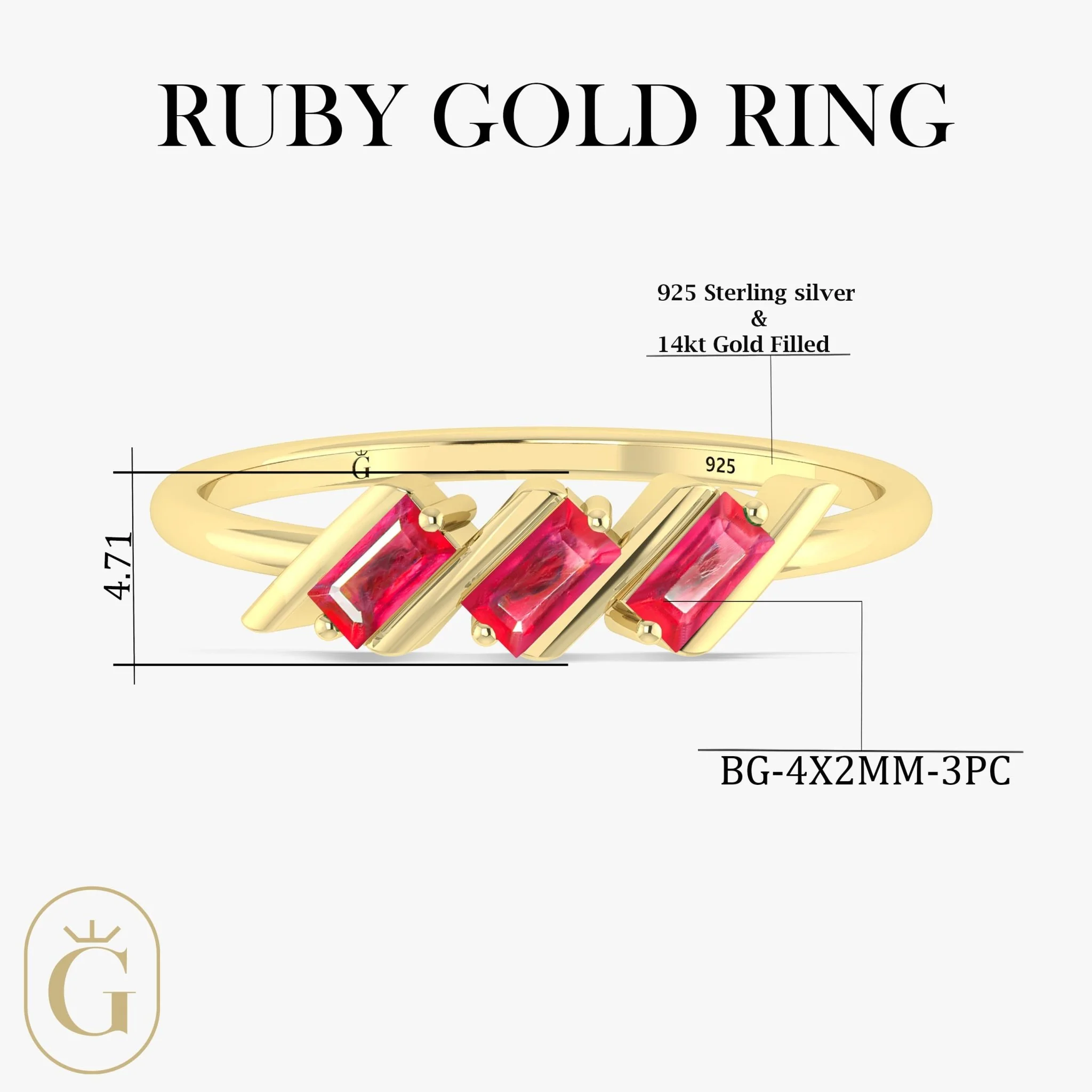 Ruby Three Stone Ring in Gold Filled & Sterling Silver - Image 5
