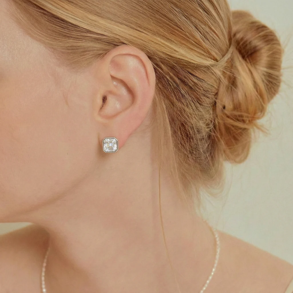 Simulated Diamond Octagon Stud Earring in 925 Sterling Silver 6MM 2ct. - Image 5