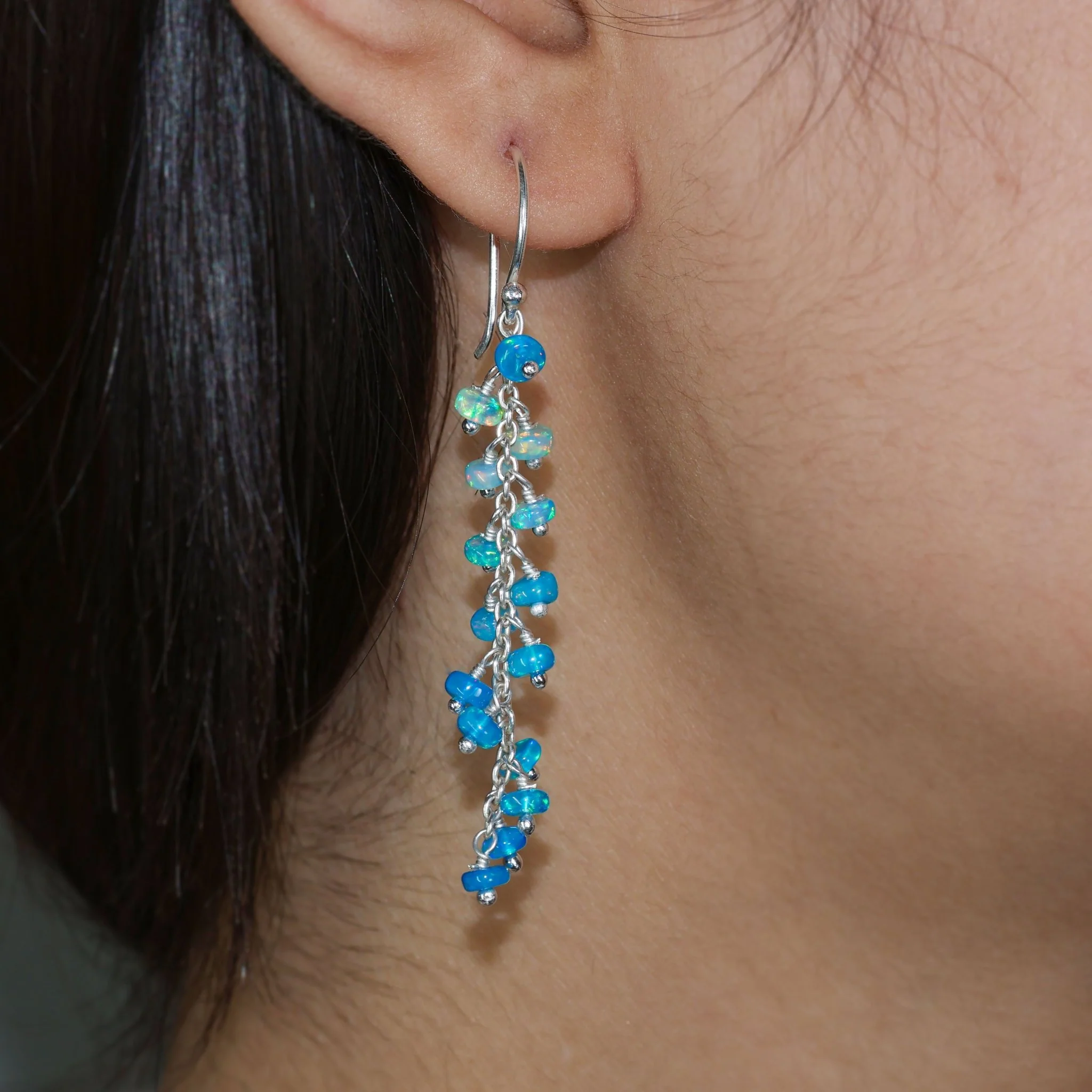 Sky Blue fire Ethiopian opal beaded chain cluster earrings - Image 3