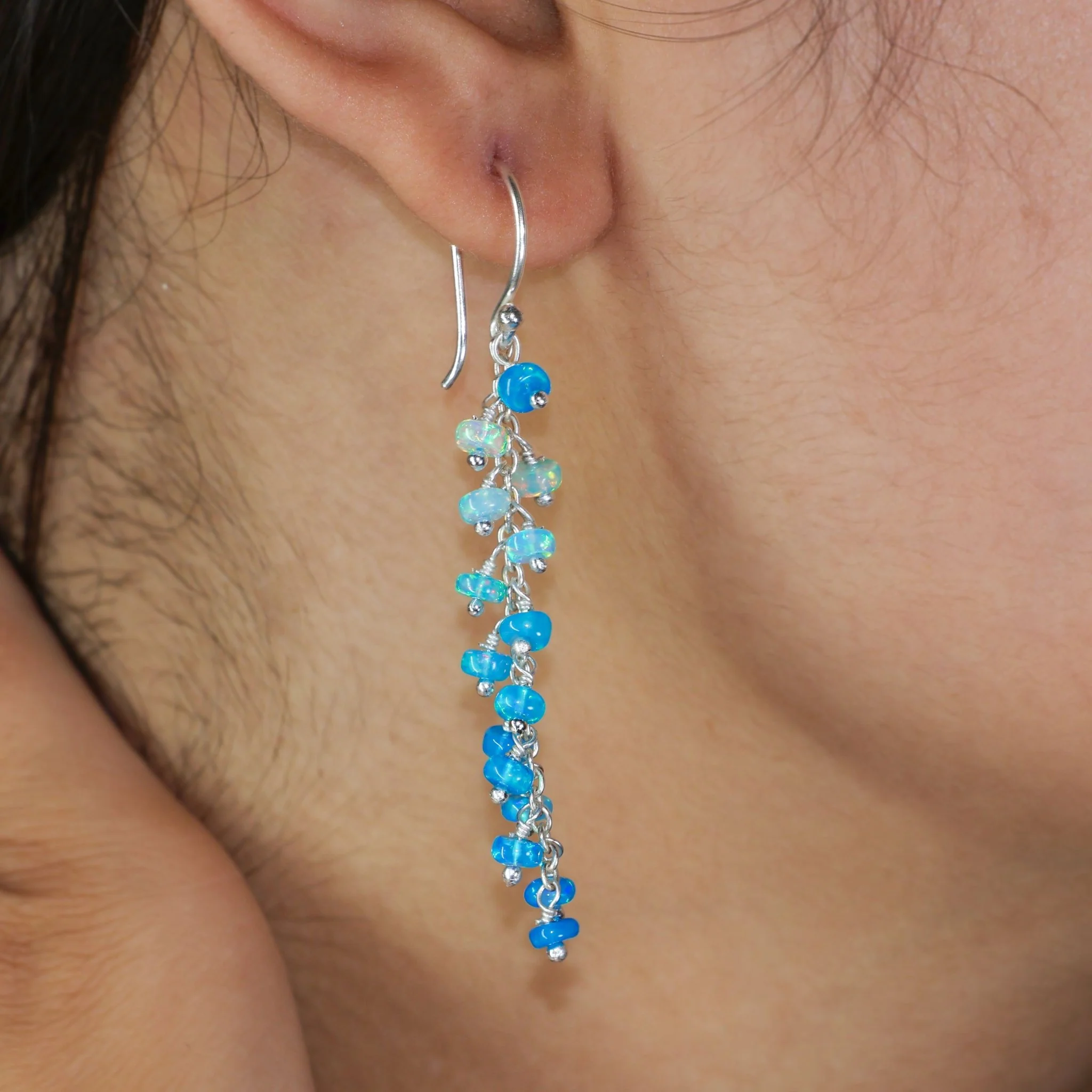 Sky Blue fire Ethiopian opal beaded chain cluster earrings - Image 4