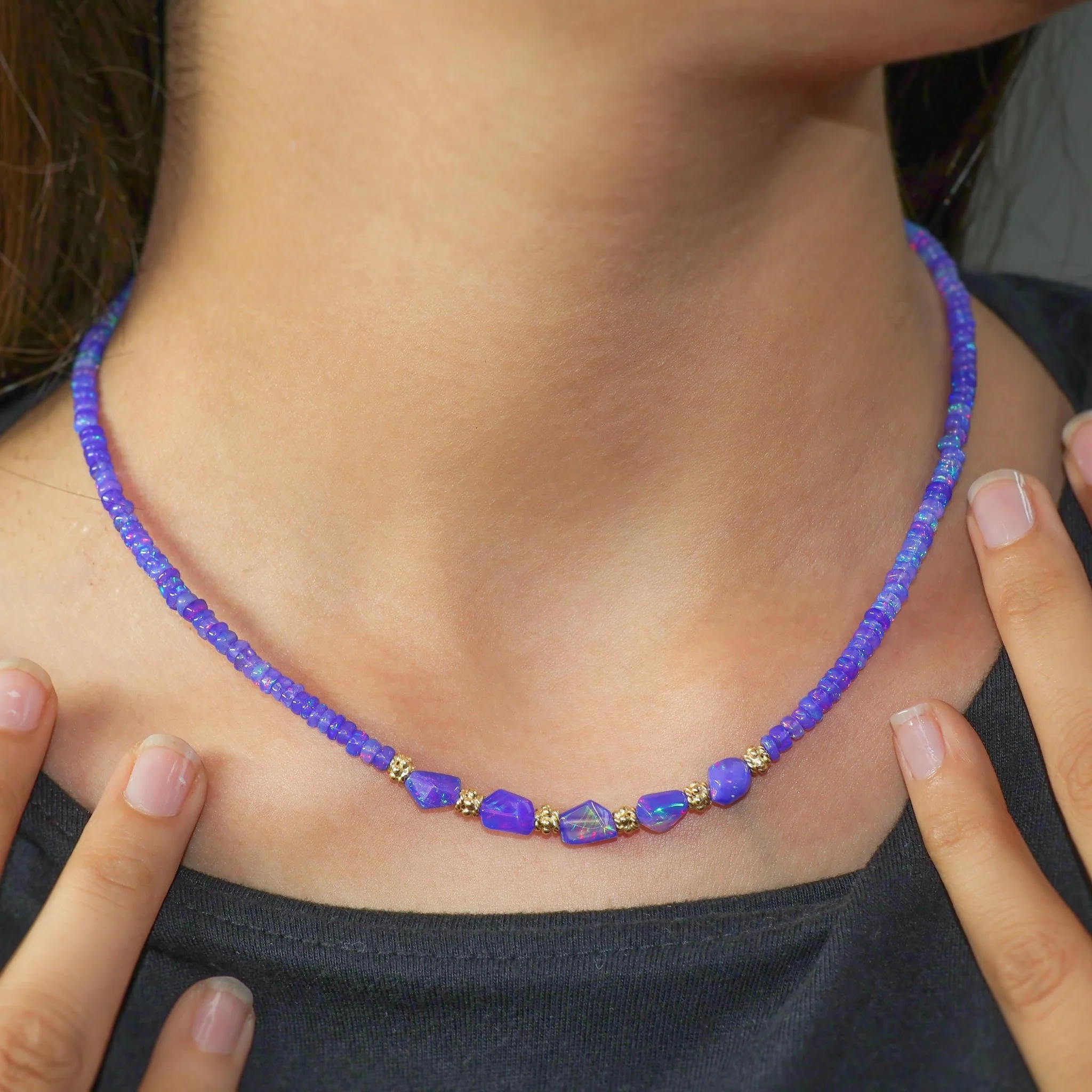 Smooth Lavender Opal Tumble Beaded With Circular Golden Beads Necklace - Image 3