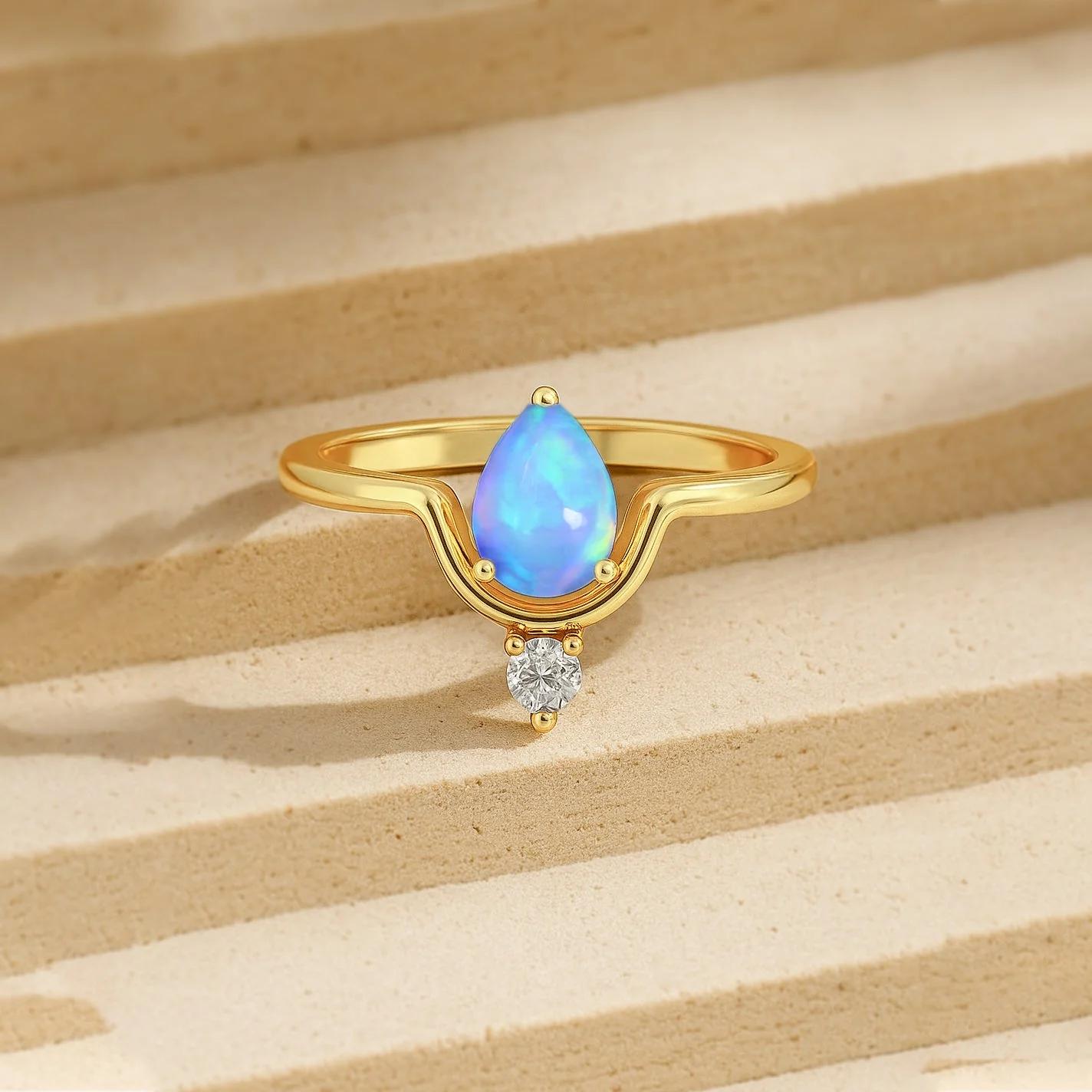 Solitaire Chevron Ring with Blue Opal and Zirconia - Image 6