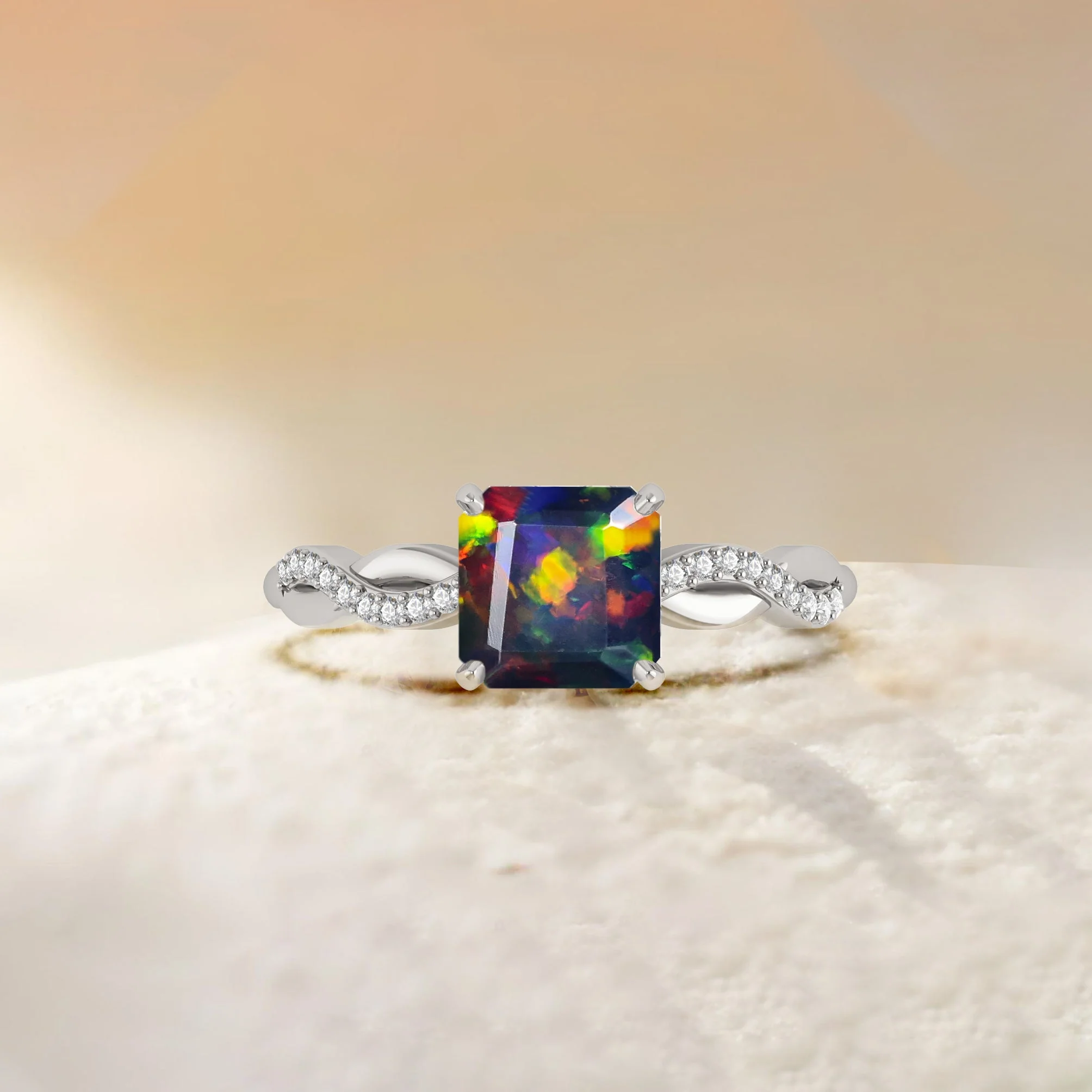 Square Shape Natural Black Opal Crossover Solitaire Ring - Image 4