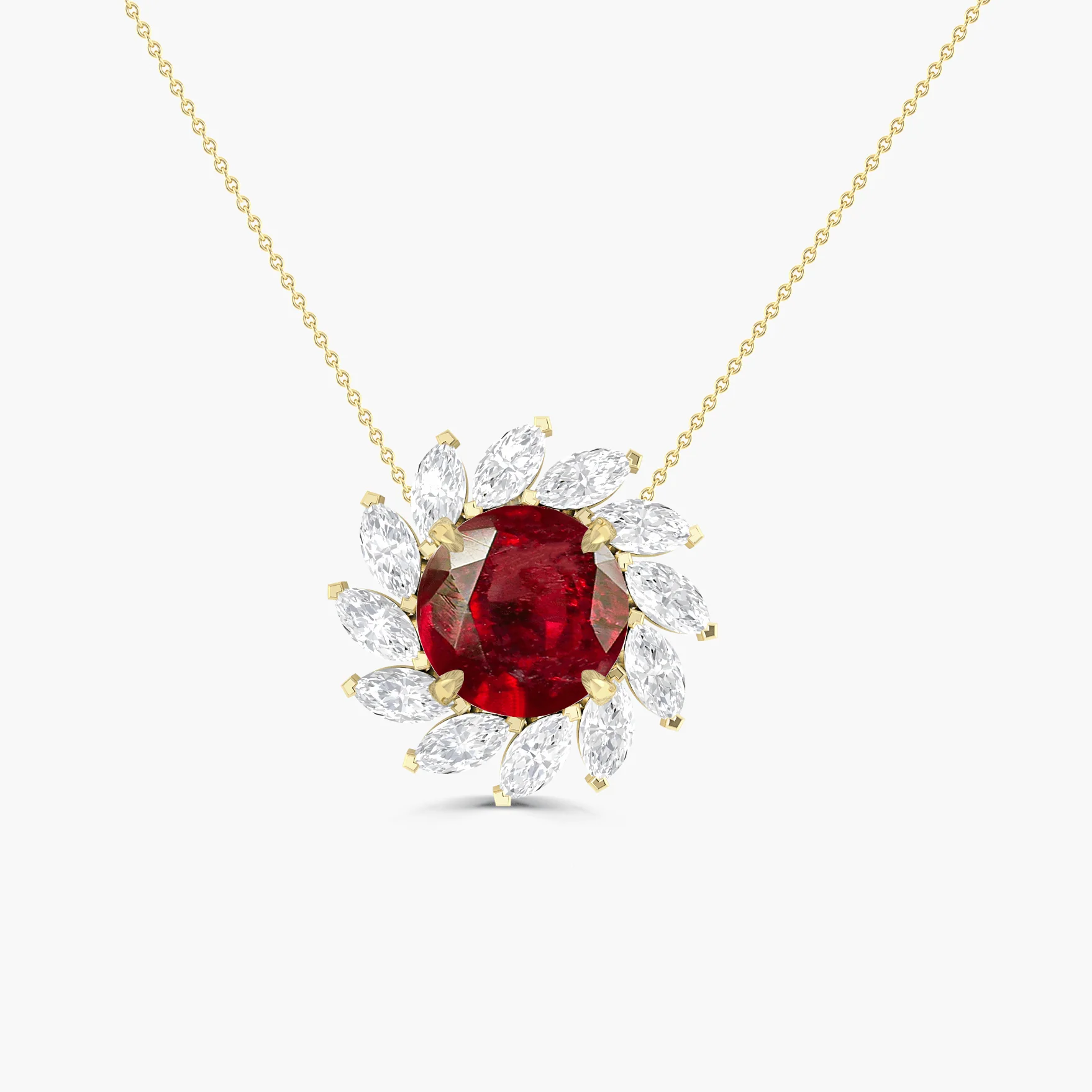 Sunflower Style Charm Pendant Necklace with Natural Ruby and White Zircon