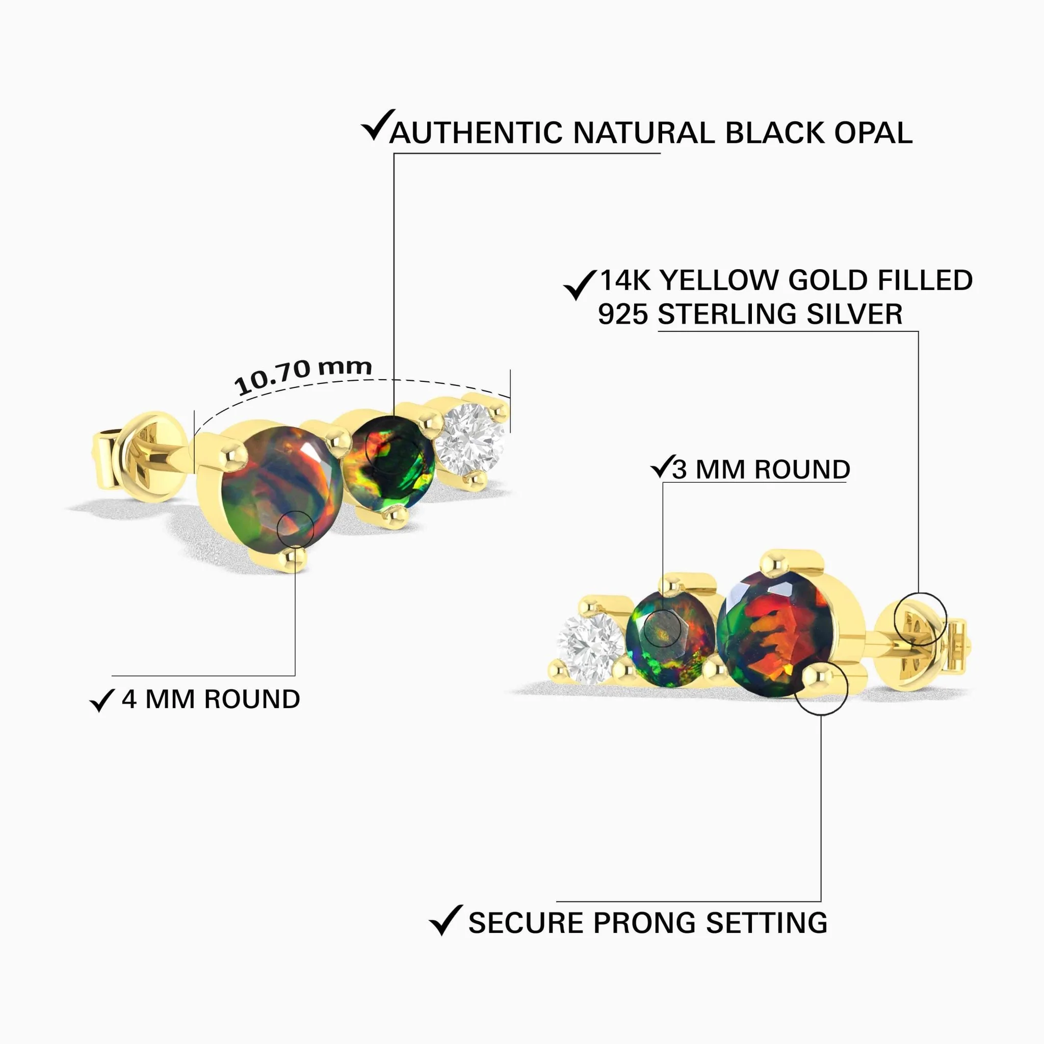 Three Round Black Opal Stone Stud Earring - Image 3