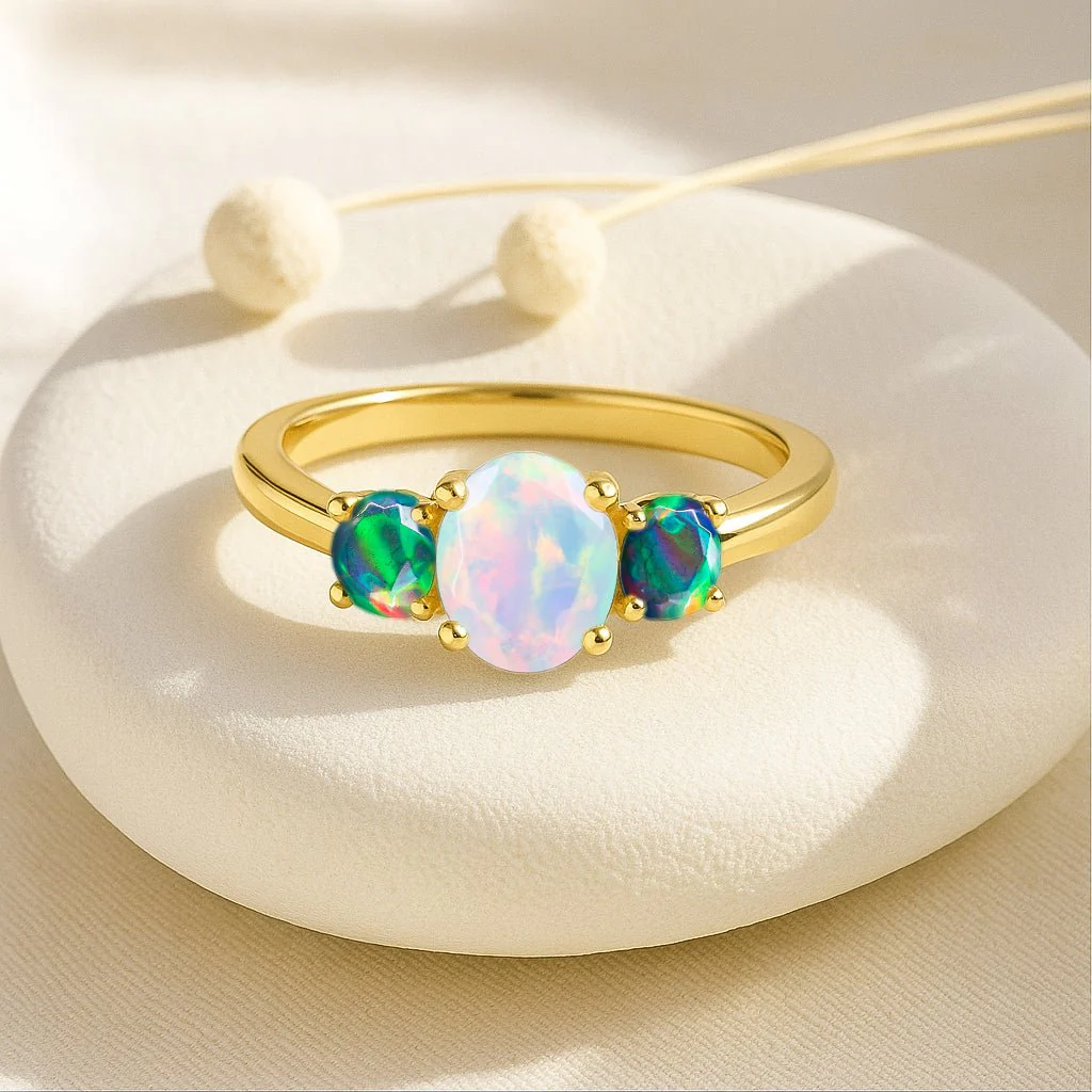 Three Stone Opal Rings - Black & White Opal Engagement - Image 4