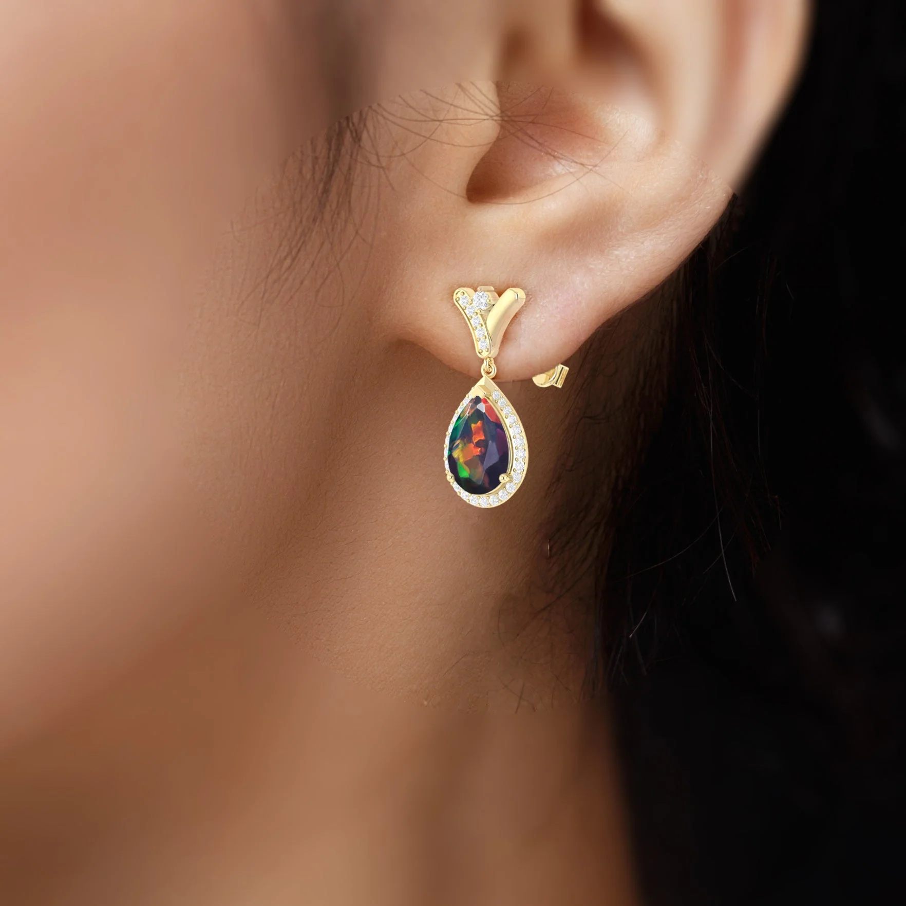 'V' Shape Style Natural Black Opal Drop Earrings with Push Back - Image 2