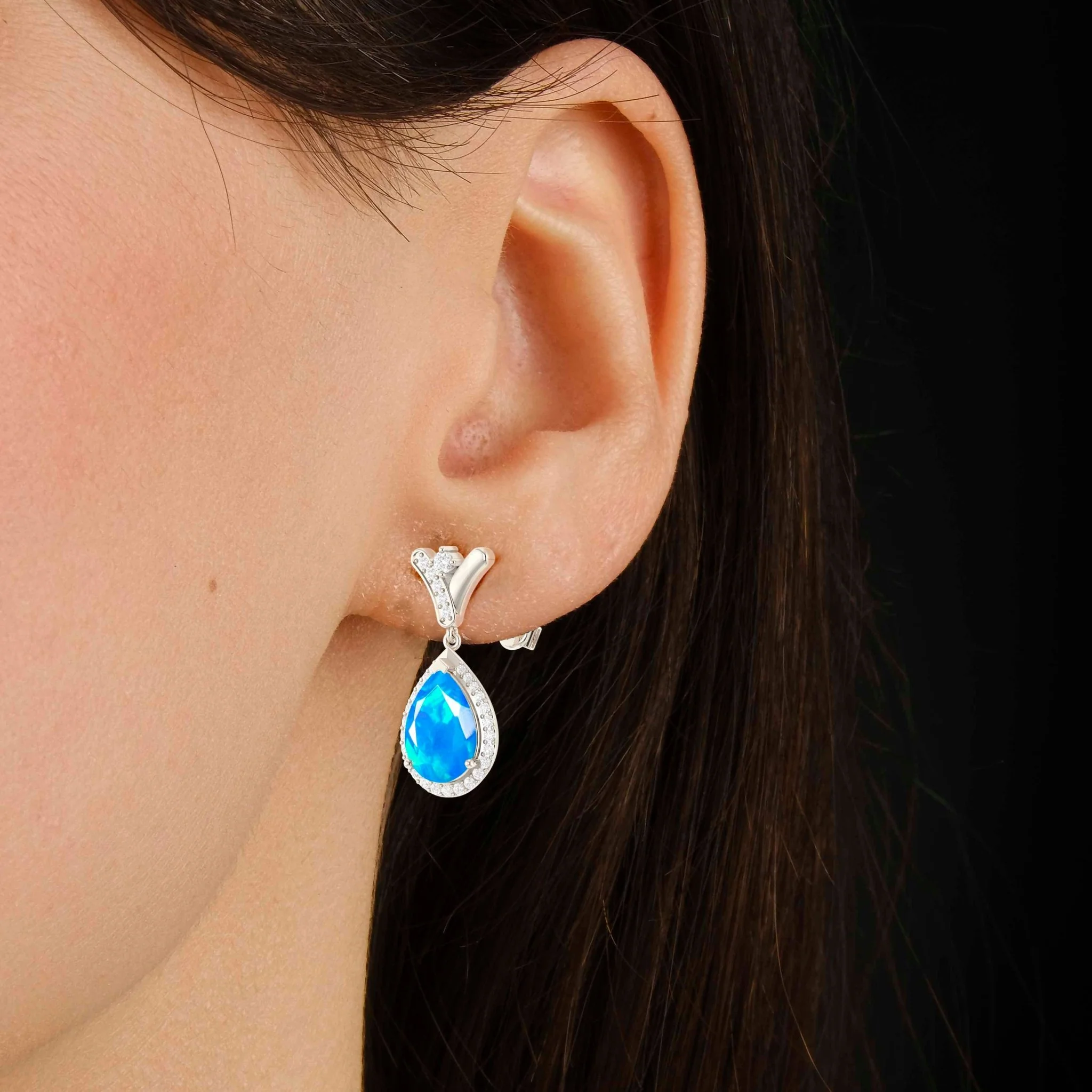 'V' Shape Style Natural Blue Opal Drop Earrings with Push Back - Image 3
