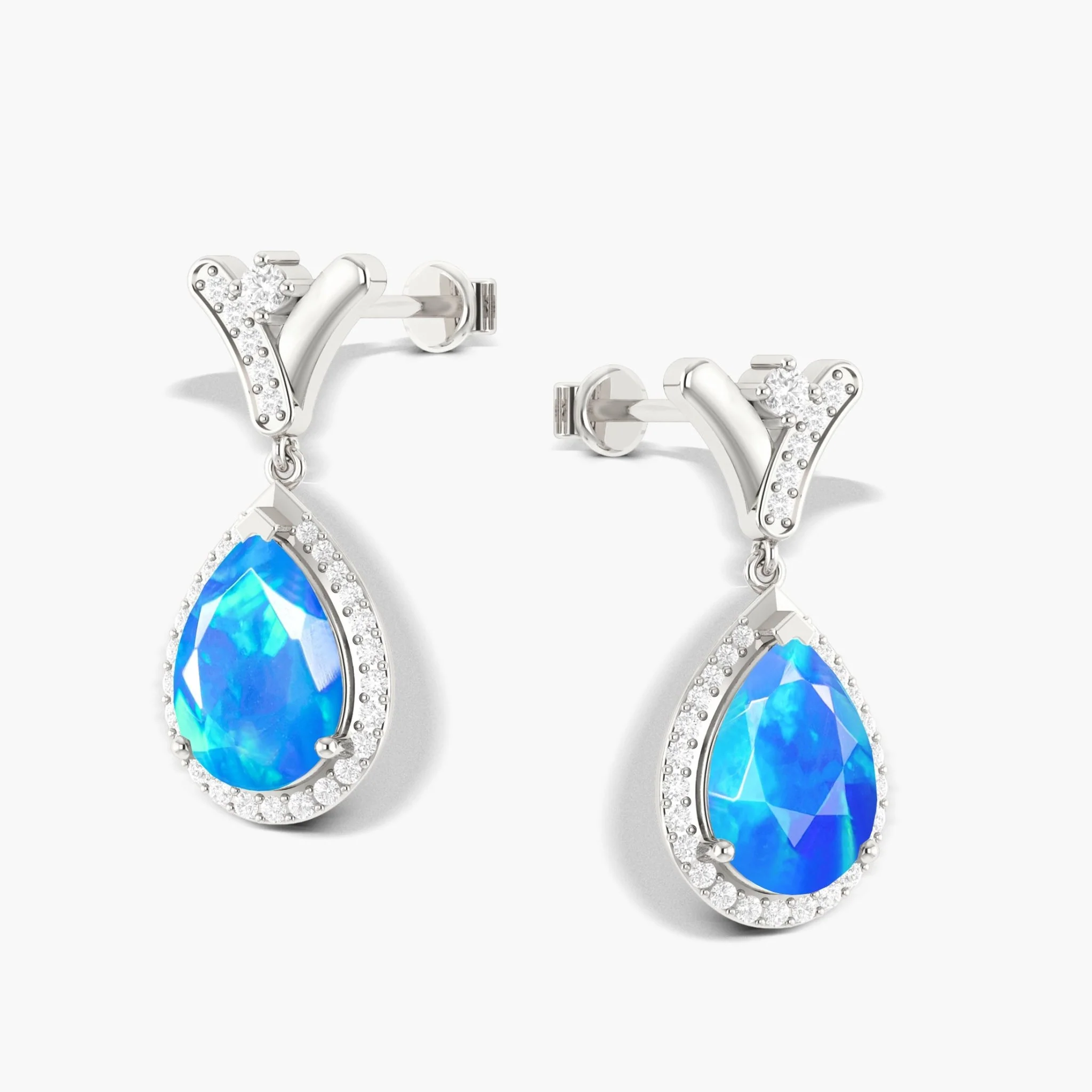 'V' Shape Style Natural Blue Opal Drop Earrings with Push Back - Image 4
