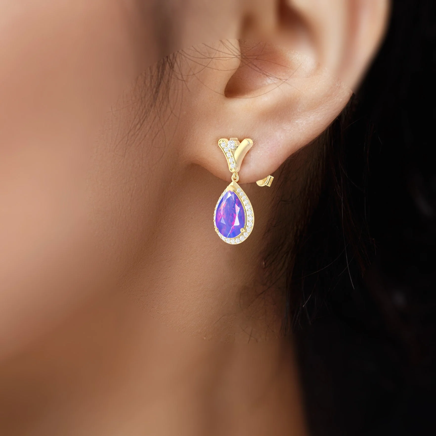'V' Shape Style Natural Lavender Opal Drop Earrings with Push Back - Image 2