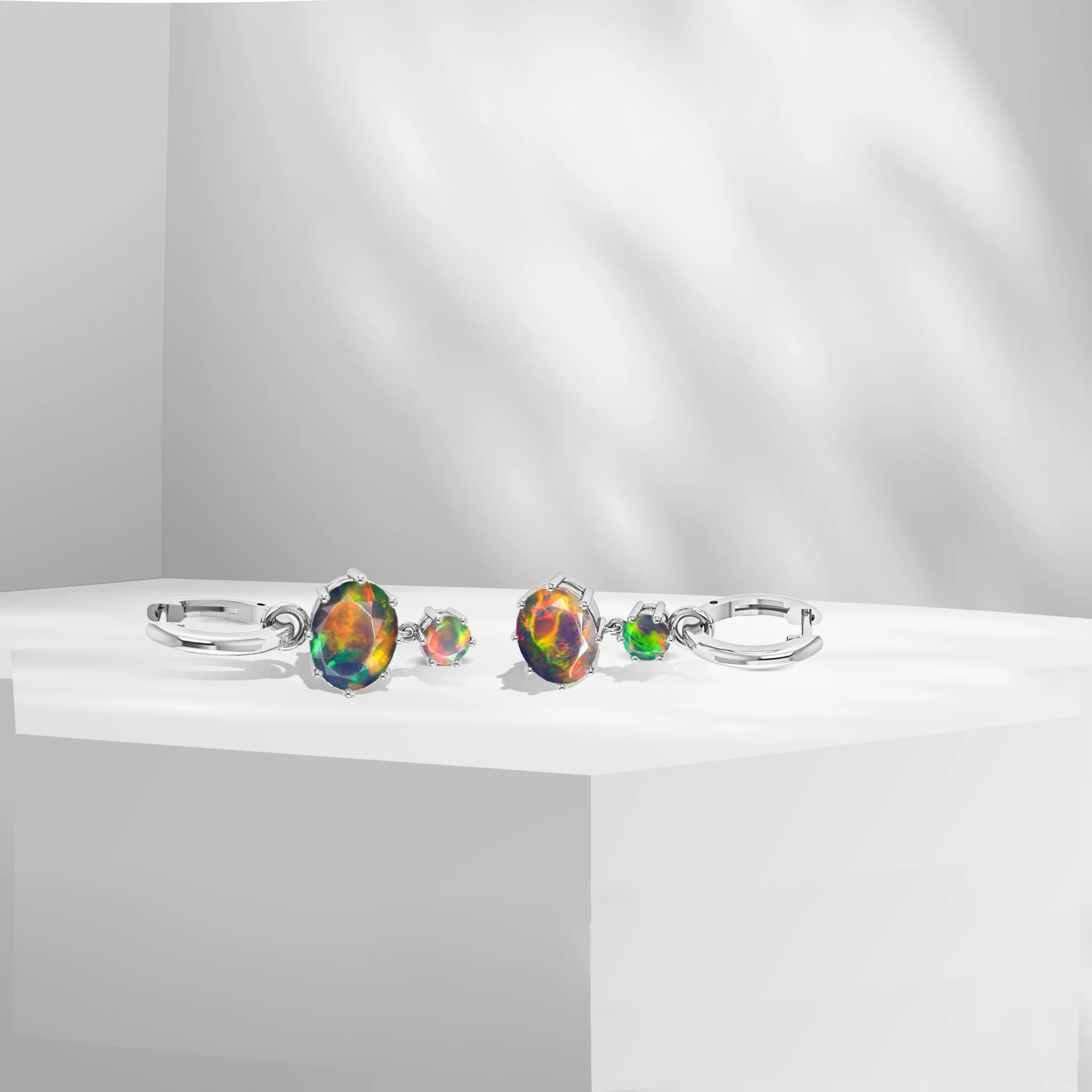 White Fire Opal Dual Round Stone Hoop Earrings - Image 4