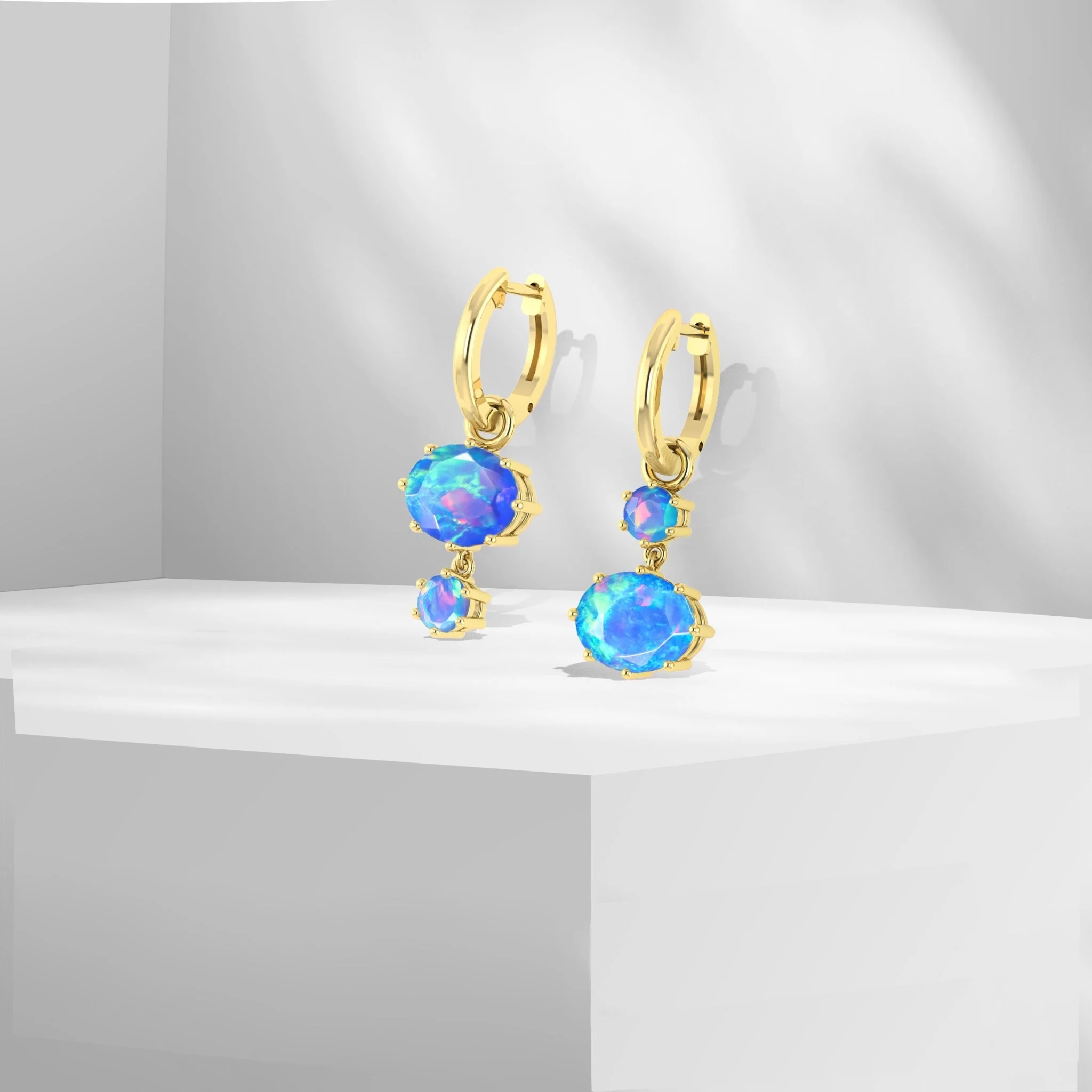 White Fire Opal Dual Round Stone Hoop Earrings - Image 8