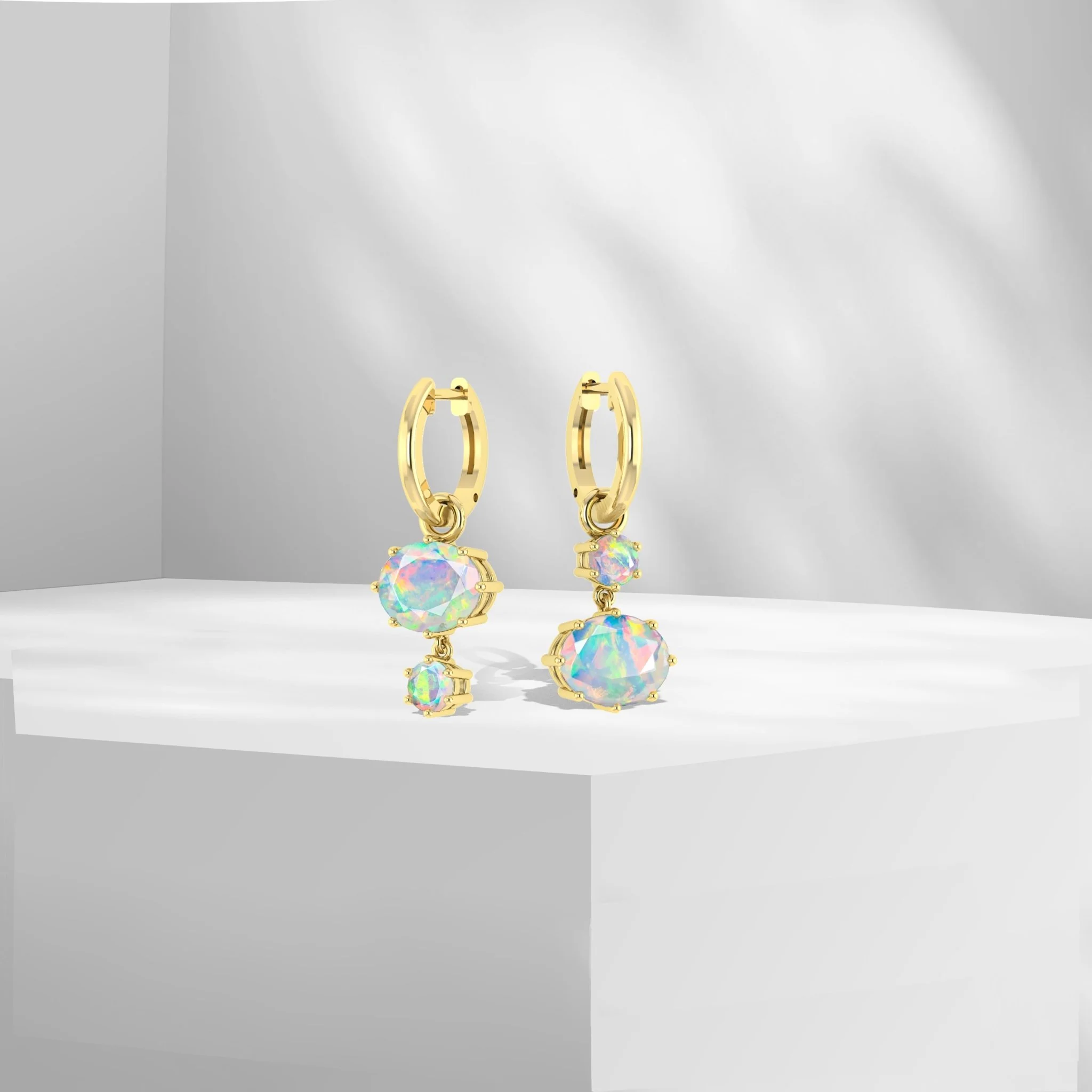 White Fire Opal Dual Round Stone Hoop Earrings - Image 9