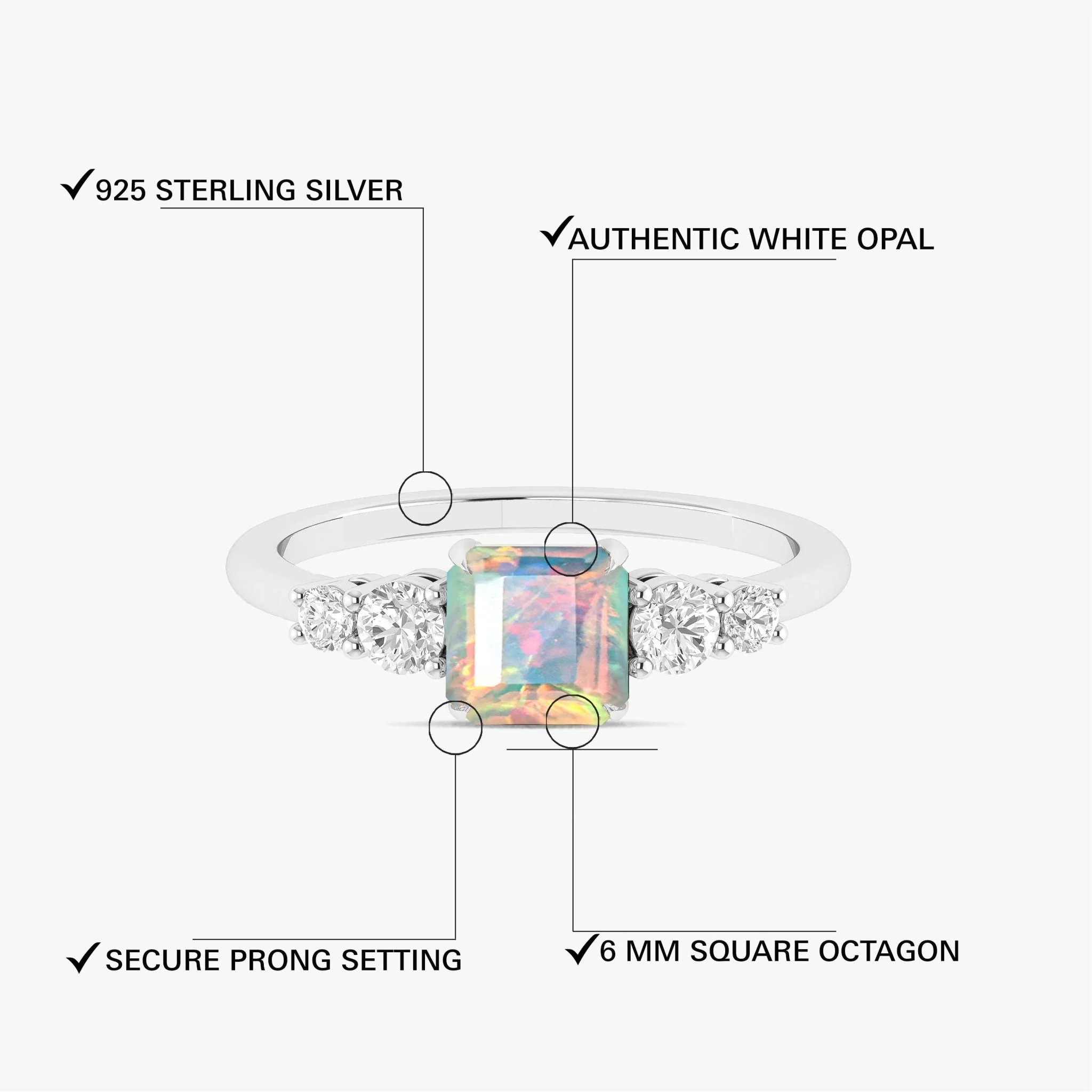 White Natural Fire Faceted Octagon Opal Ring - Image 3