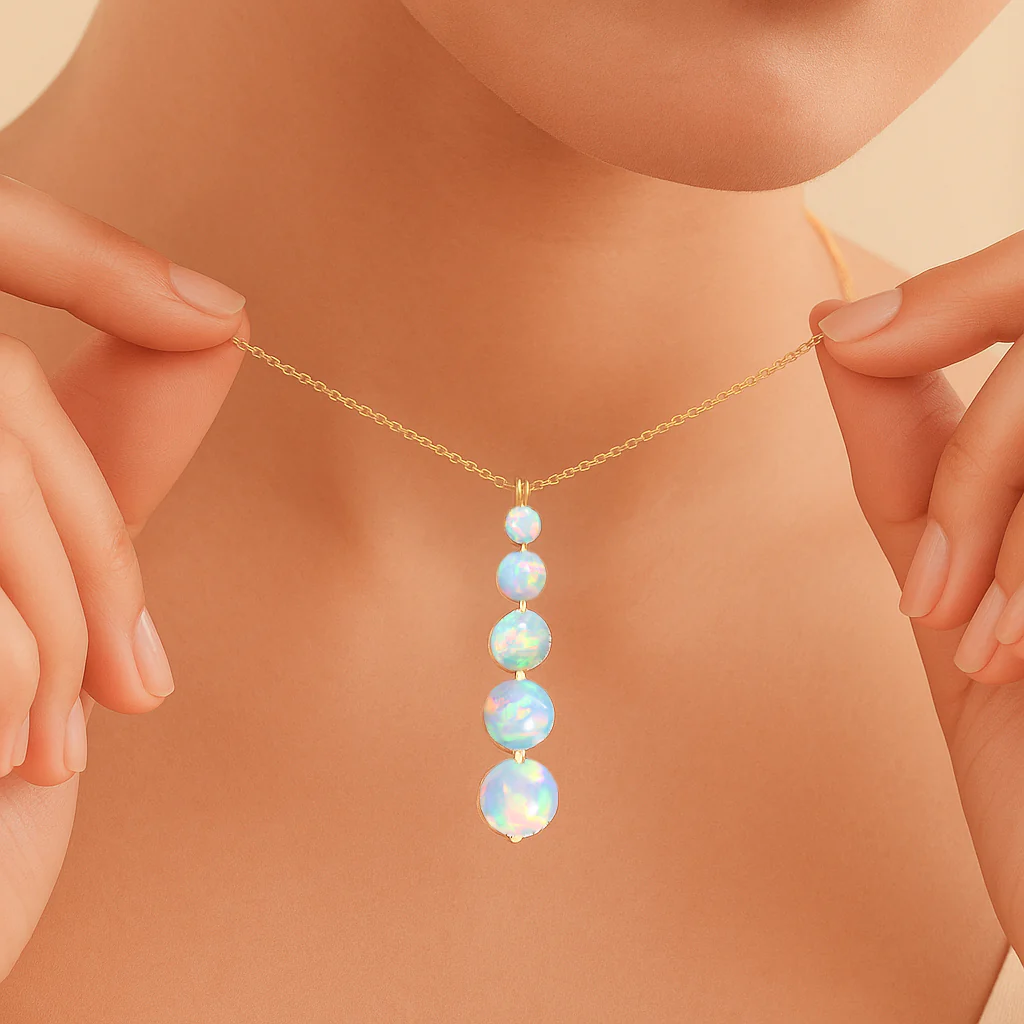 White Opal 5 Stone Bar Pendant Necklace in 925 Sterling Silver 3.05ct - Image 4
