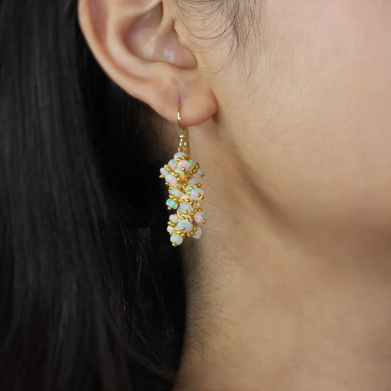 White Opal Beads Cluster Earrings - Chakri Style - Image 2