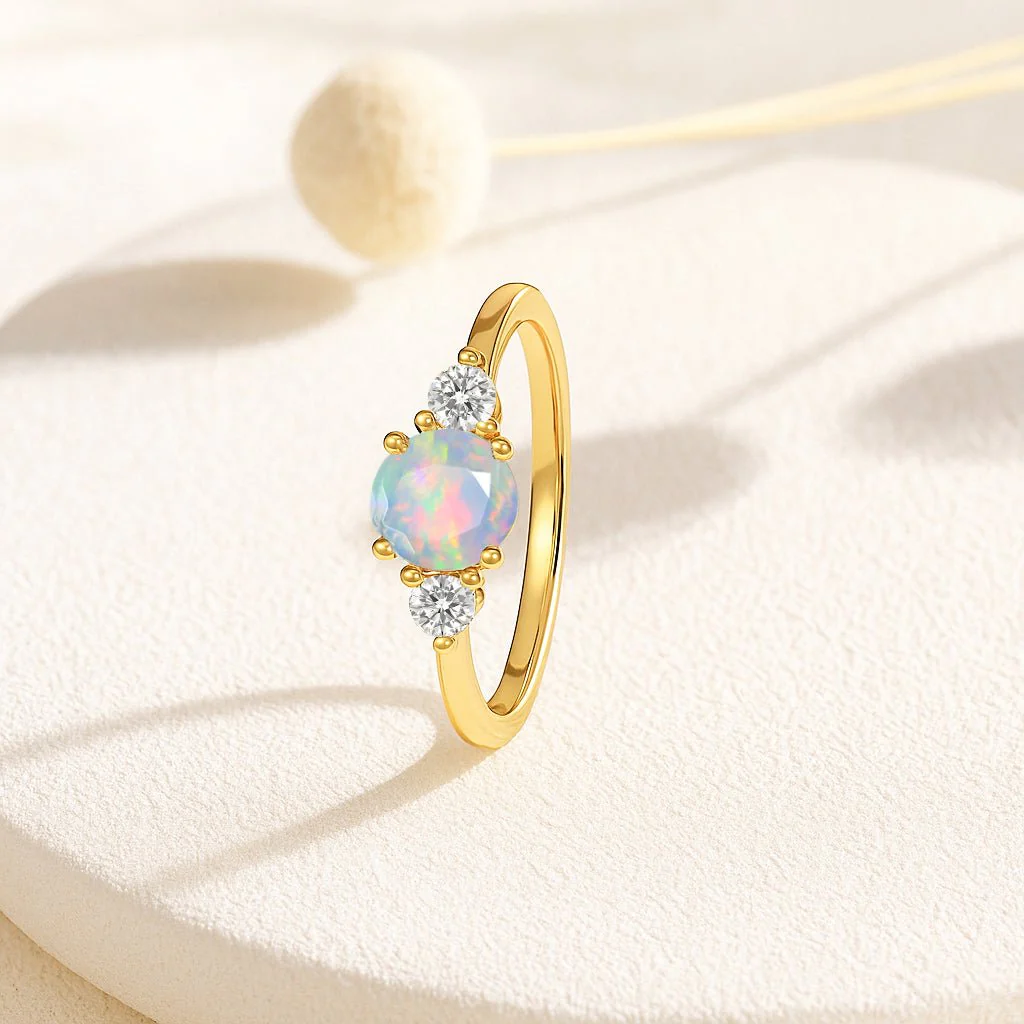White Opal Cubic Zirconia Three Stone Birthstone Ring - Image 6
