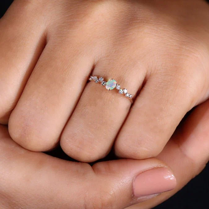White Opal Engagement Ring with 6x4 MM Oval Gem - Image 2