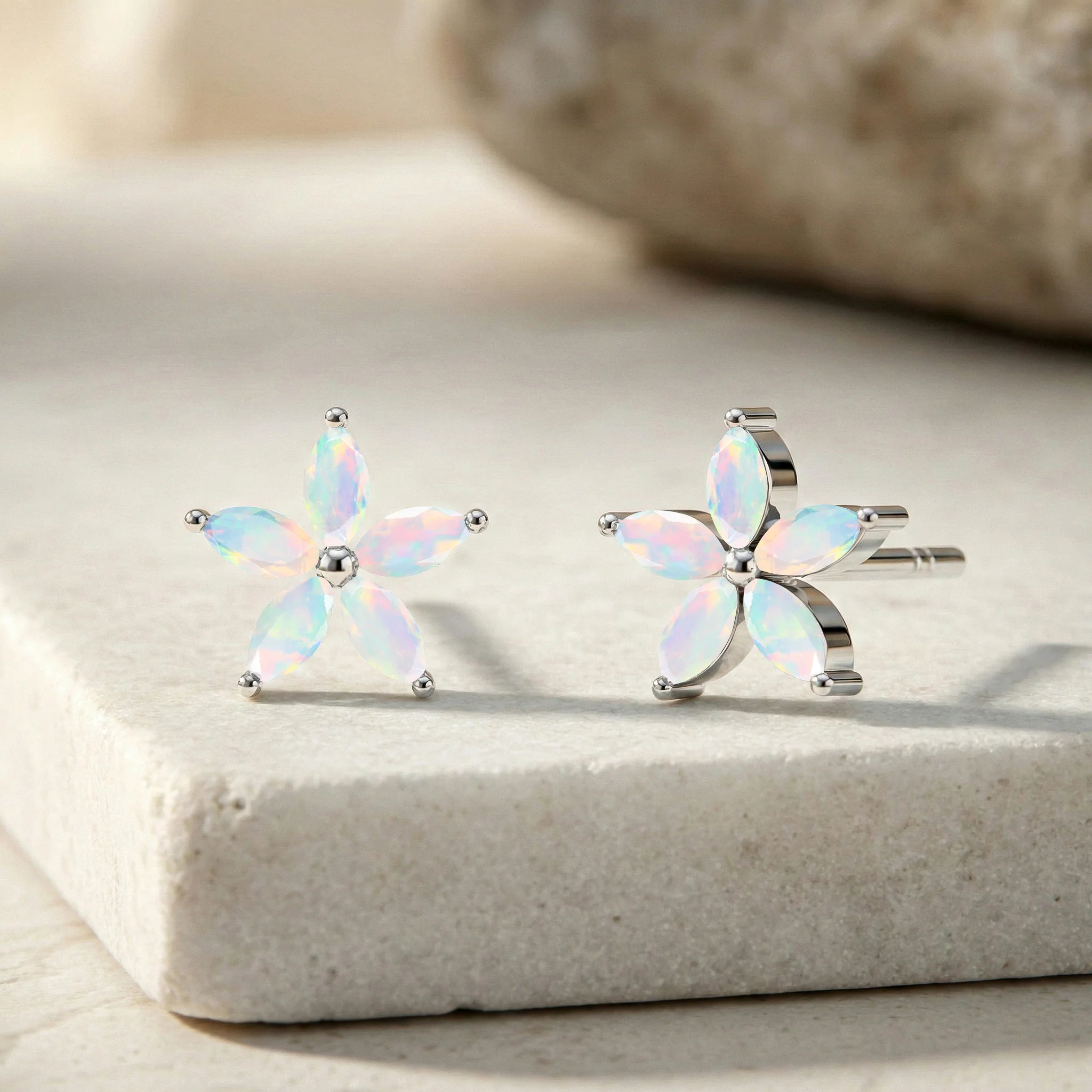 White Opal Flower and Marquis Shape Stud Earring in 925 Sterling Silver 4X2 MM 3ct. - Image 3