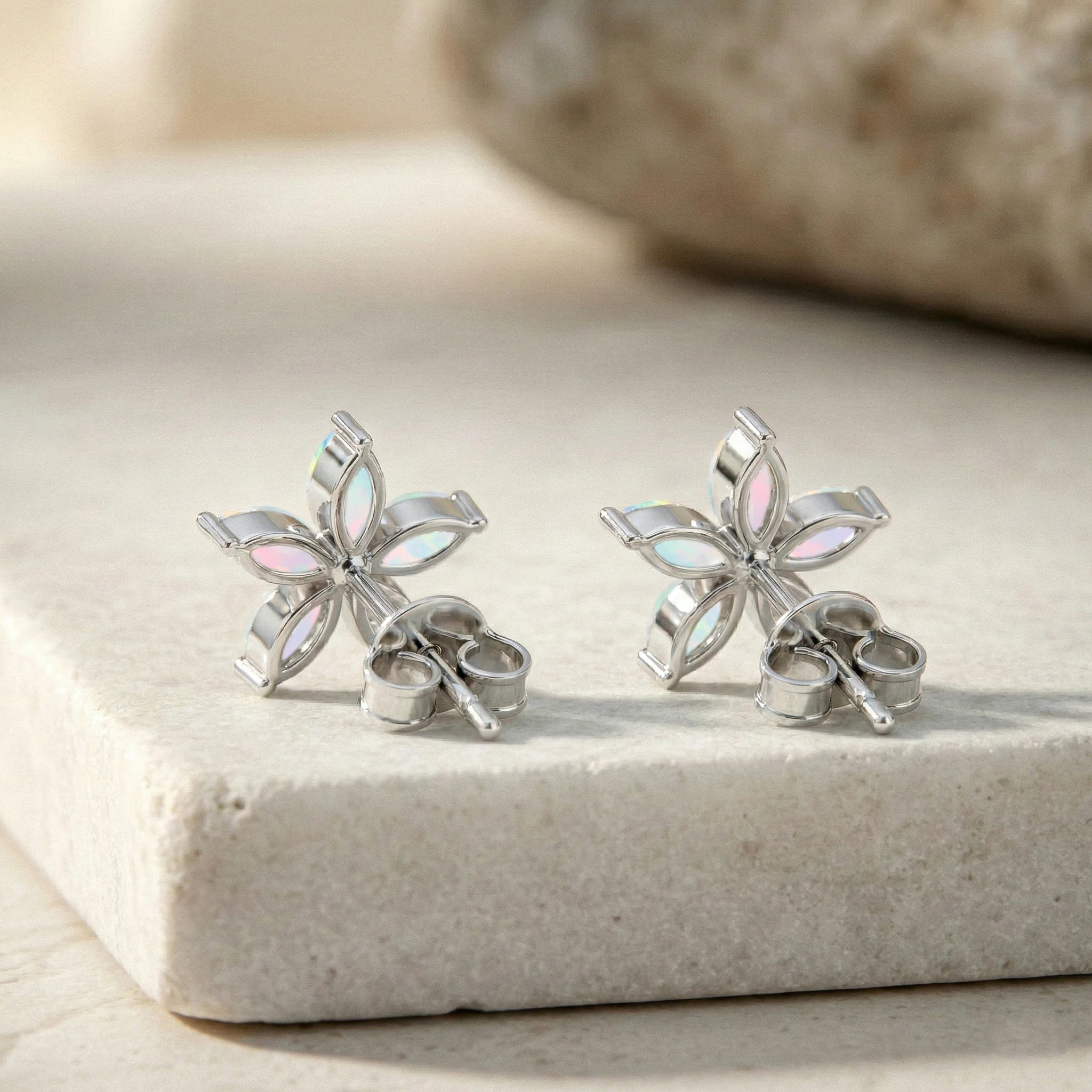 White Opal Flower and Marquis Shape Stud Earring in 925 Sterling Silver 4X2 MM 3ct. - Image 4
