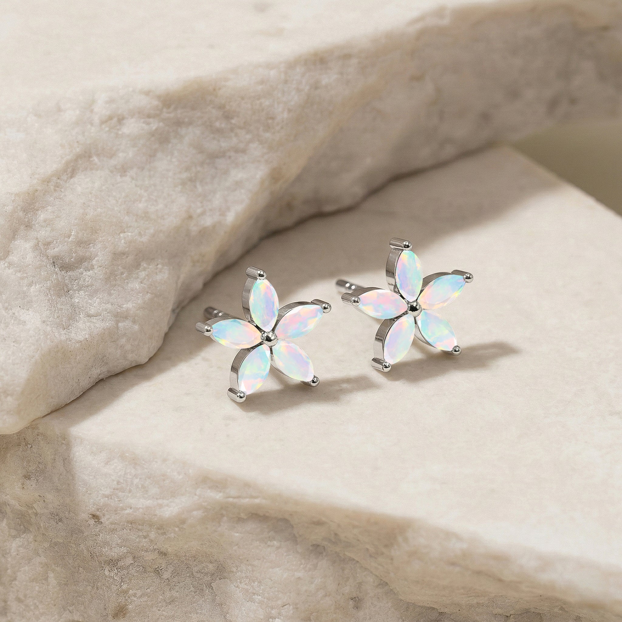 White Opal Flower and Marquis Shape Stud Earring in 925 Sterling Silver 4X2 MM 3ct. - Image 5