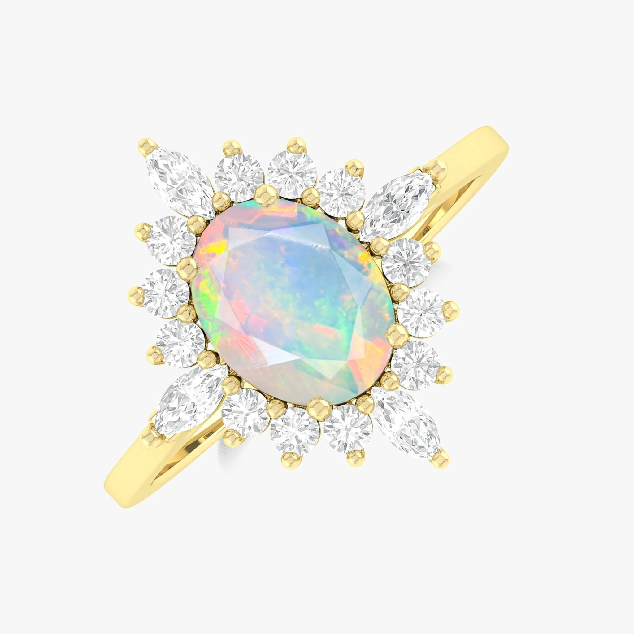 White Opal Halo Ring with Zircon in Silver & Yellow Gold