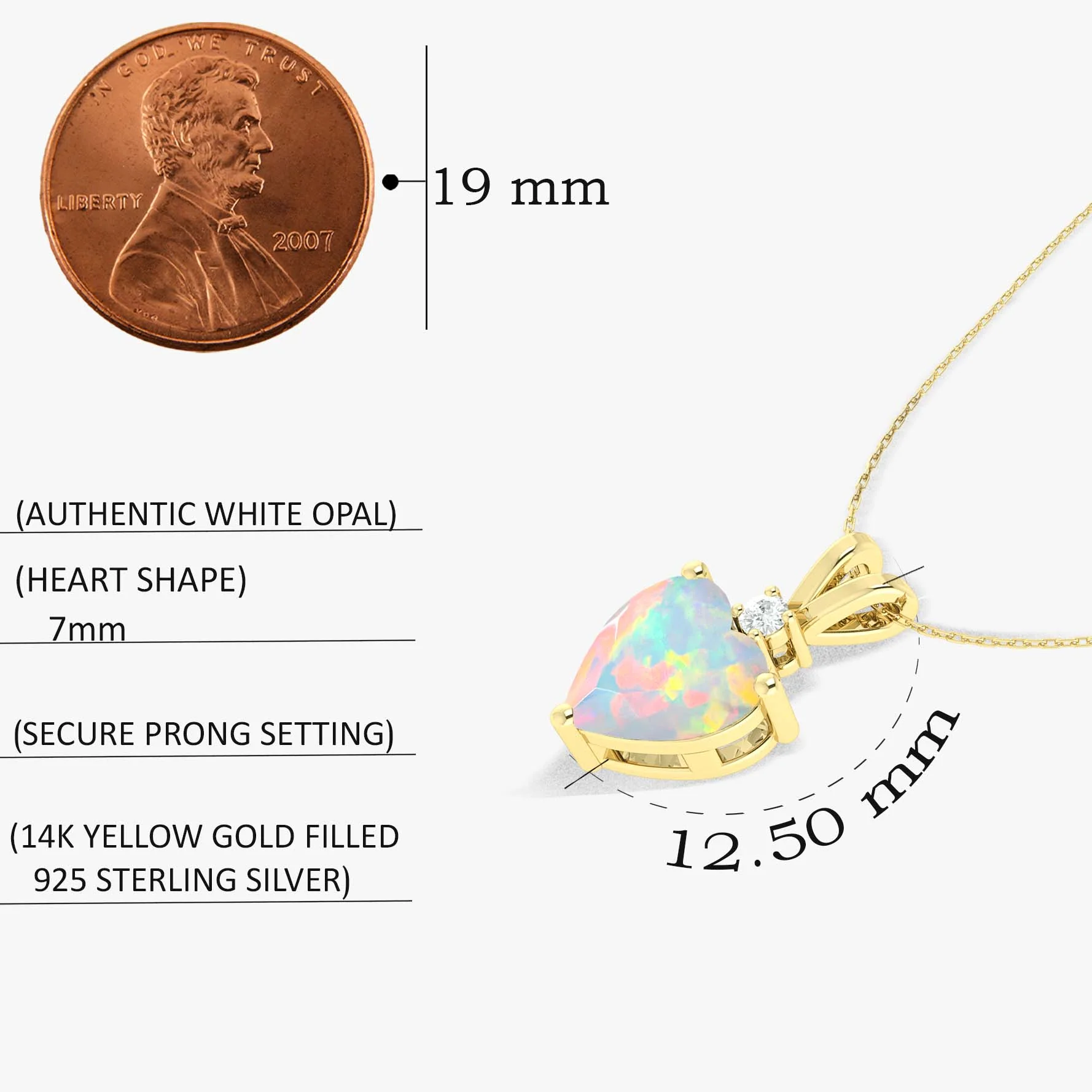 White Opal Heart Pendant Necklace in 925 Sterling Silver 7mm 1.2ct - Image 3