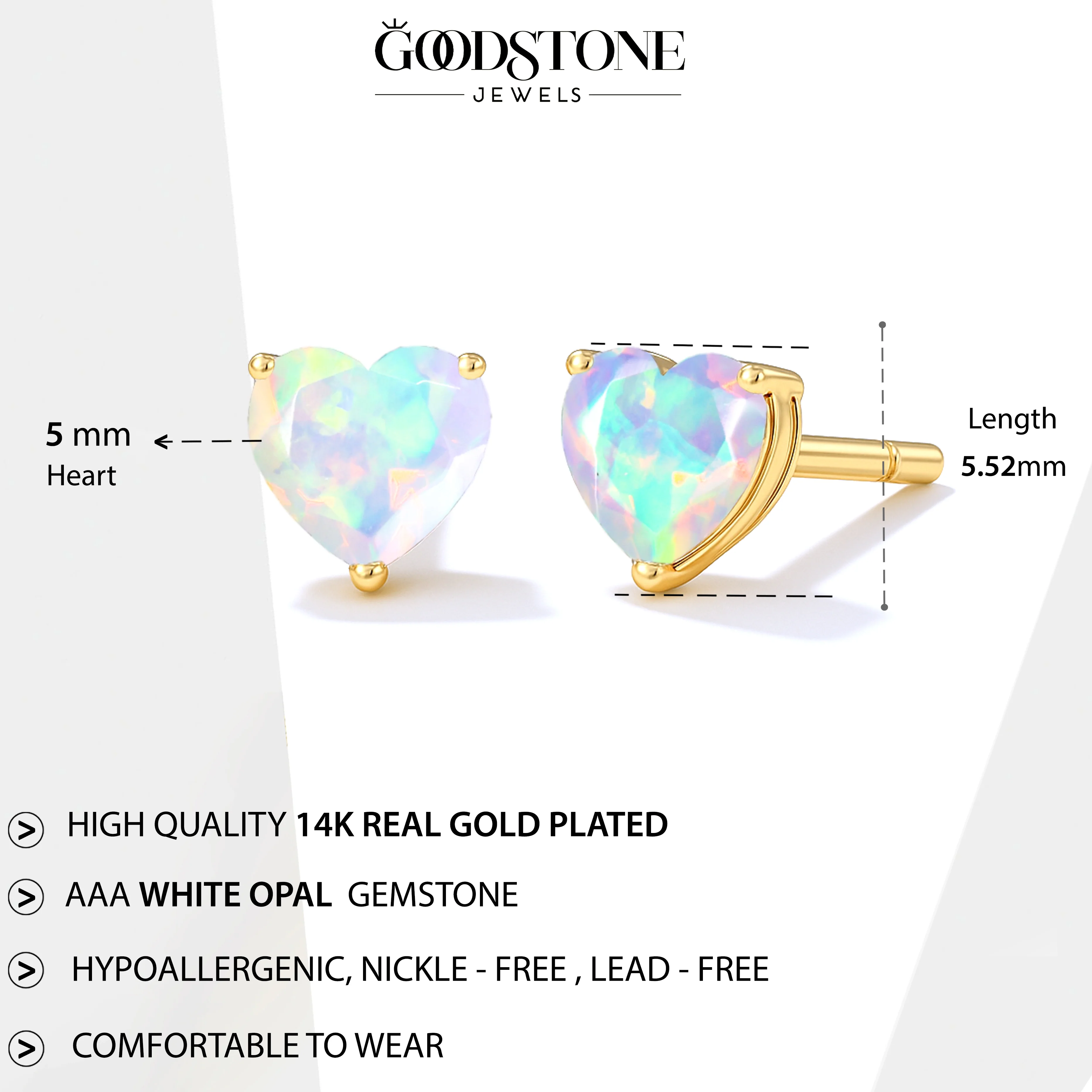 White Opal Heart Stone Stud Earrings in 925 Sterling Silver - Image 10