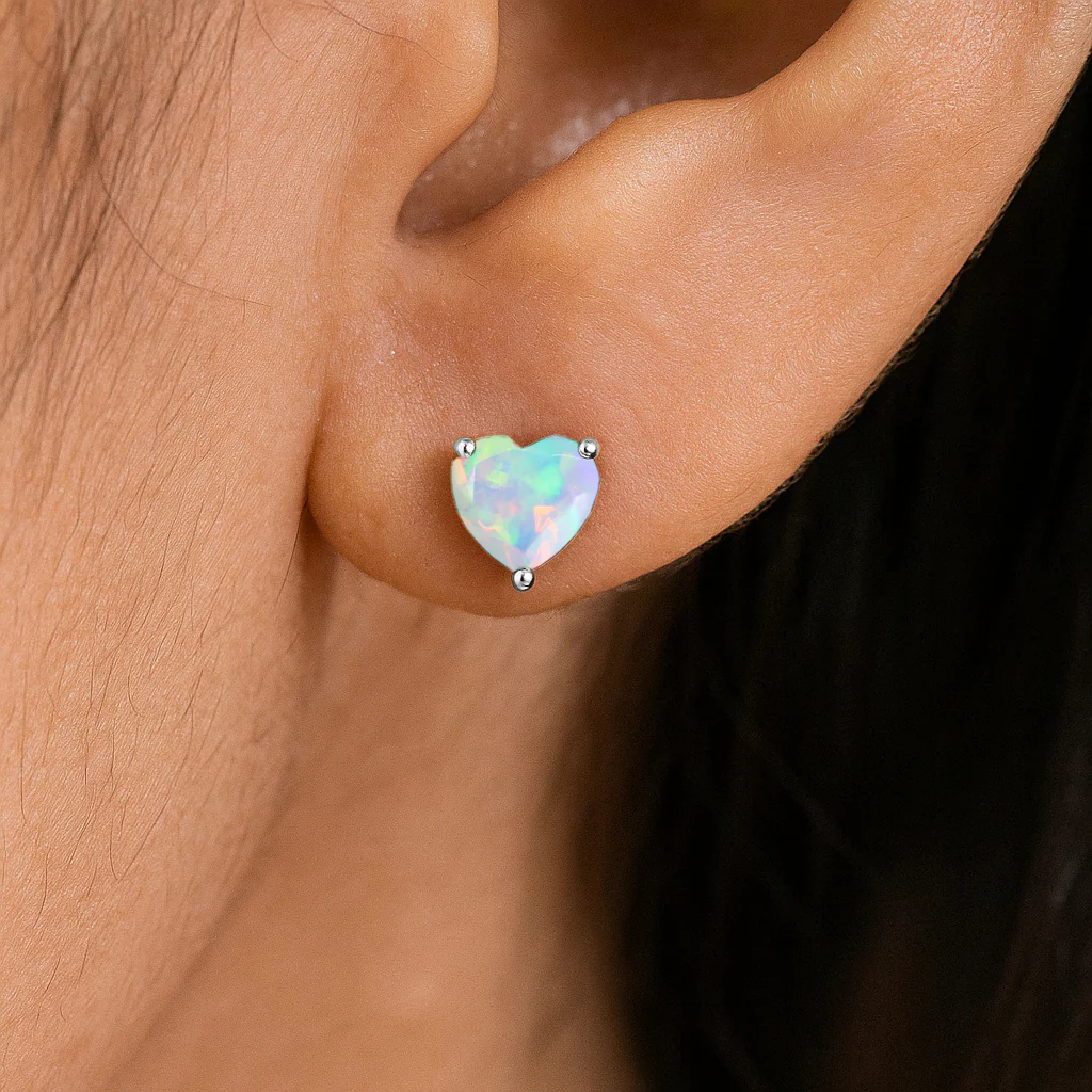 White Opal Heart Stone Stud Earrings in 925 Sterling Silver - Image 11