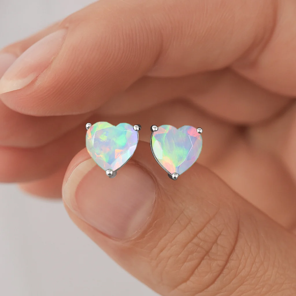 White Opal Heart Stone Stud Earrings in 925 Sterling Silver - Image 12