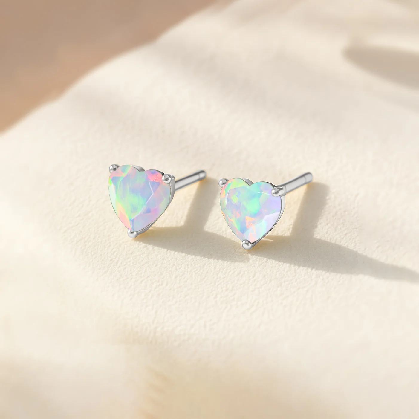 White Opal Heart Stone Stud Earrings in 925 Sterling Silver - Image 3