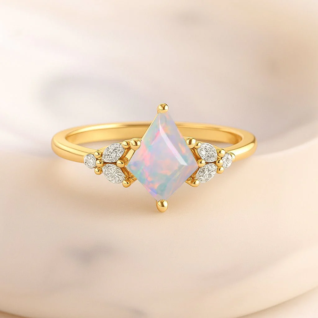 White Opal Kite Cut Solitaire Ring with Cubic Zircon - Image 3