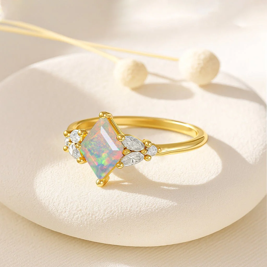 White Opal Kite Cut Solitaire Ring with Cubic Zircon - Image 5