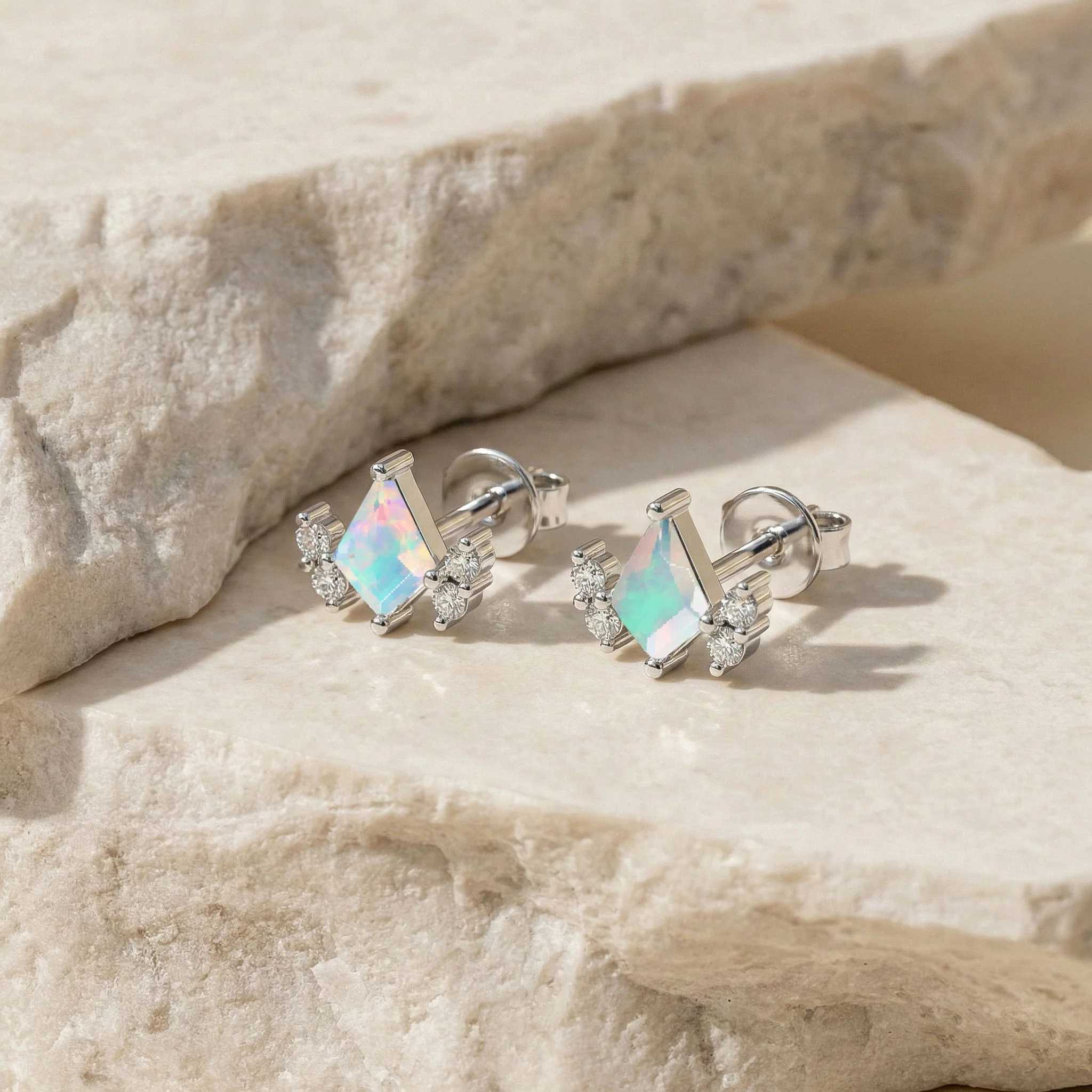 White Opal Kite Stud Earrings in 925 Sterling Silver 6x4 MM 1ct - Image 2