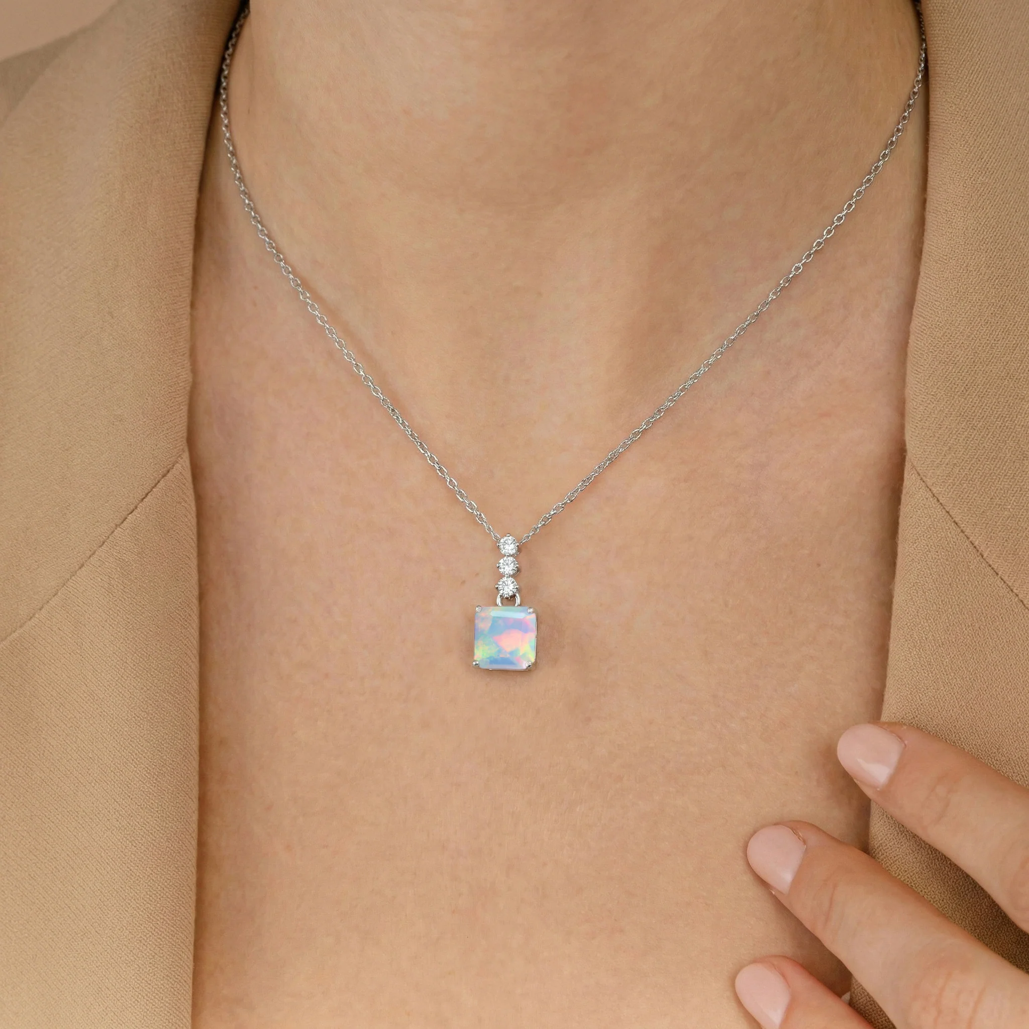 White Opal Octagon Solitaire Pendant Necklace in 925 Sterling Silver 8 MM 2ct - Image 11