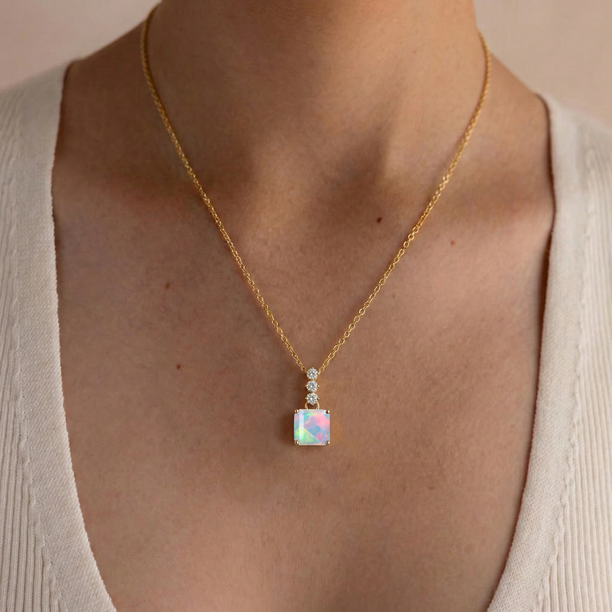 White Opal Octagon Solitaire Pendant Necklace in 925 Sterling Silver 8 MM 2ct - Image 12