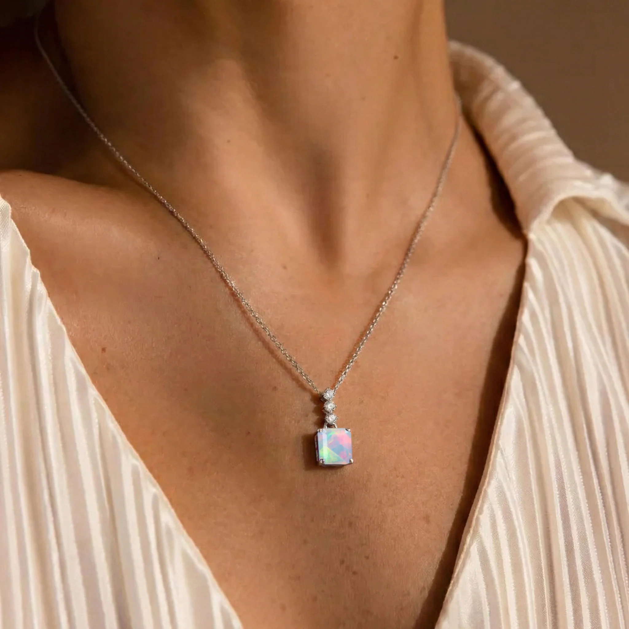 White Opal Octagon Solitaire Pendant Necklace in 925 Sterling Silver 8 MM 2ct - Image 13