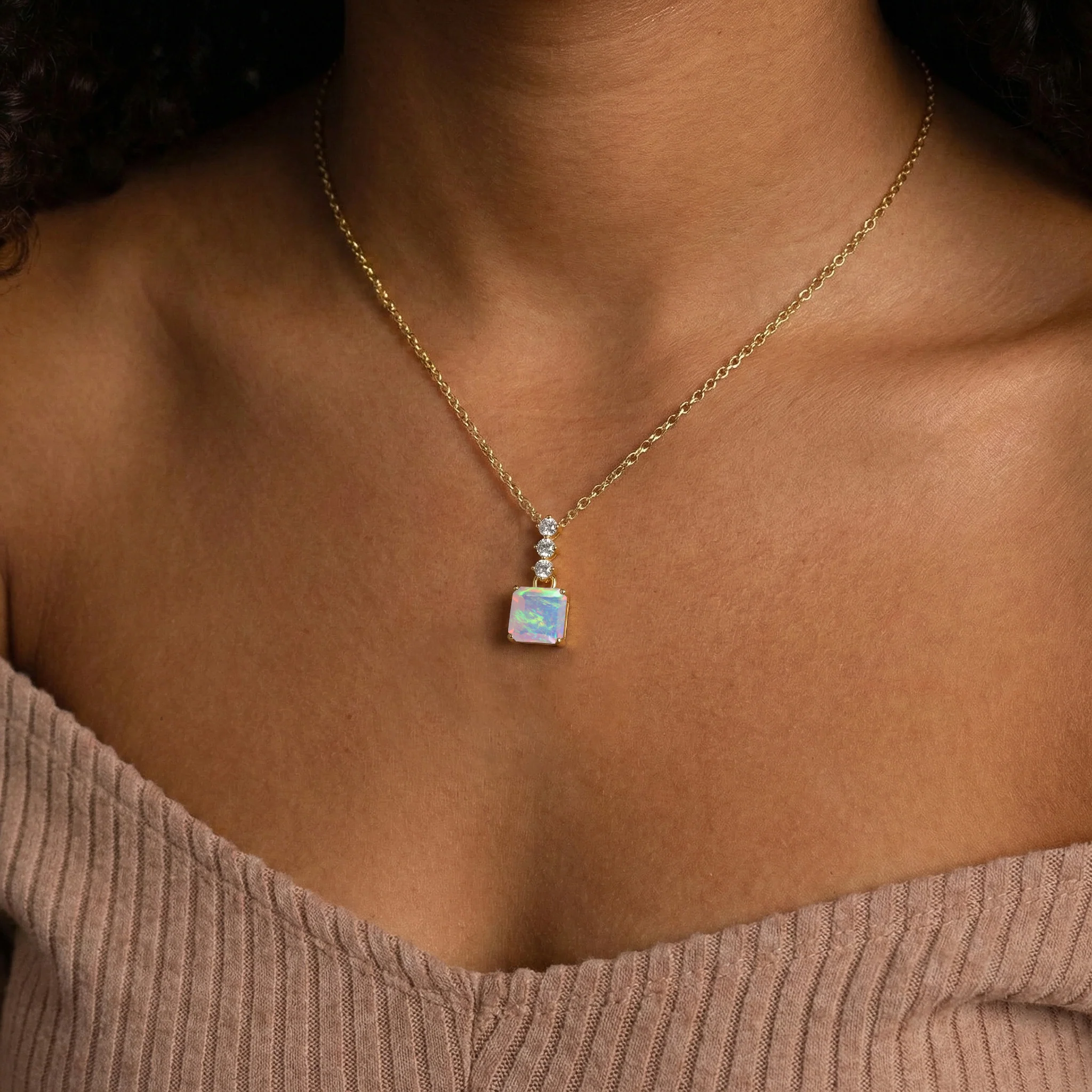 White Opal Octagon Solitaire Pendant Necklace in 925 Sterling Silver 8 MM 2ct - Image 14