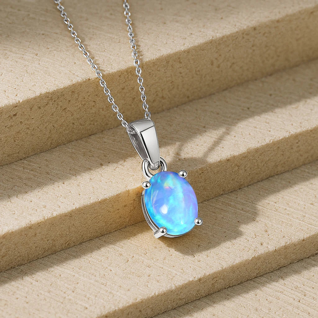 Blue Opal Oval Teardrop Pendant Necklace in 925 Sterling Silver 1.20ct - Image 9