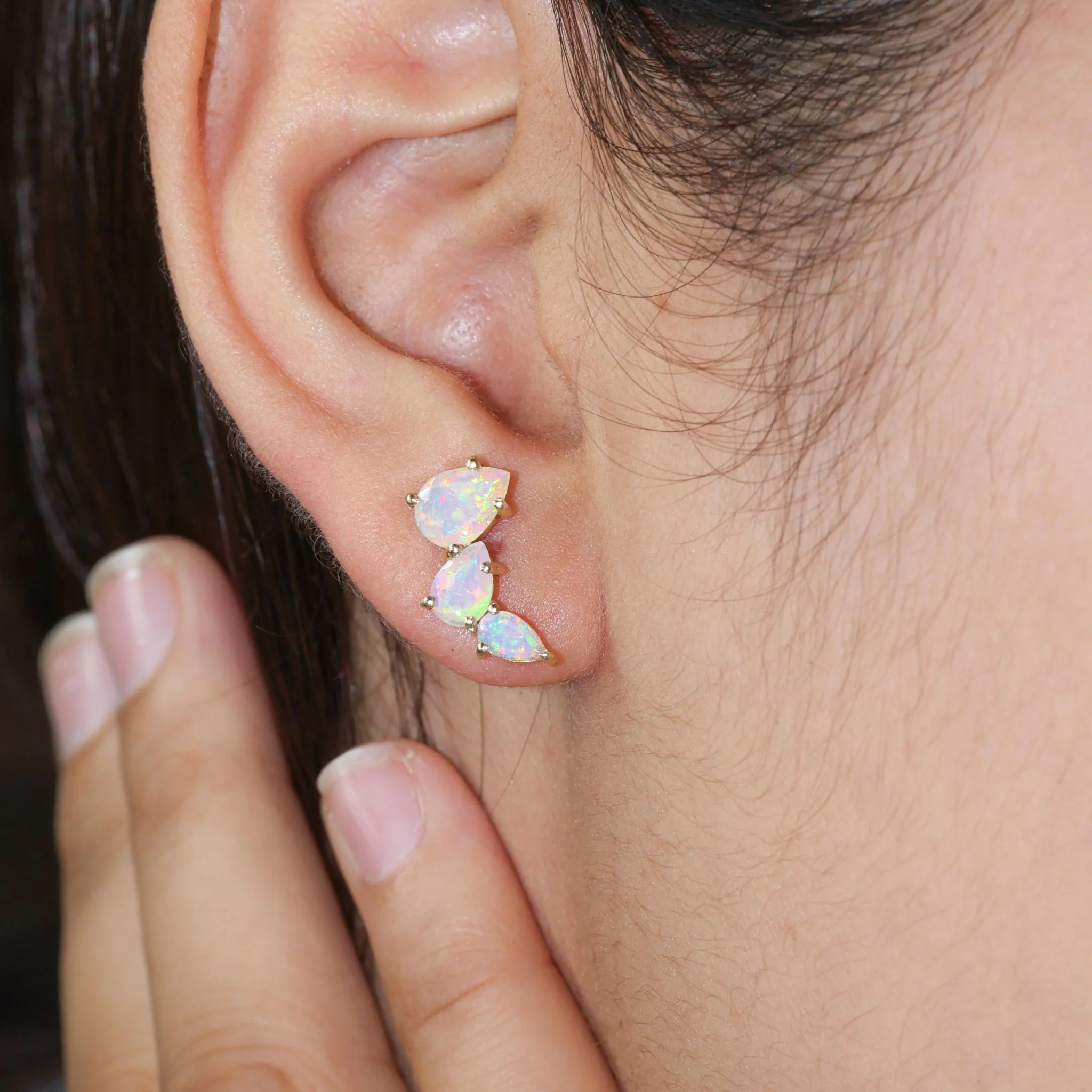 White Opal Pear Horn Style Stud Earrings - Image 3