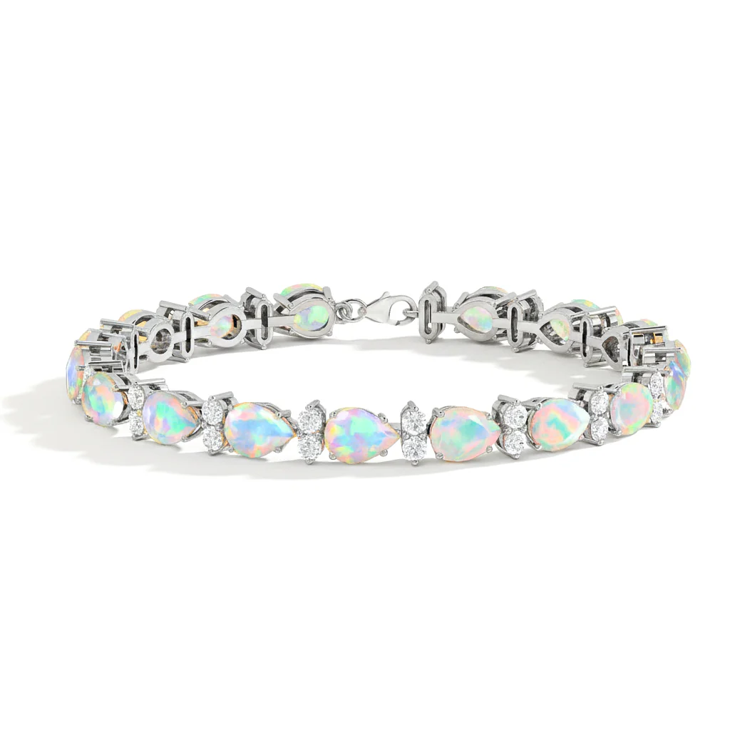 White Opal Pear & Round Bracelet 7x5 MM & 2.5 MM 18.9 Ct Elegant Glow - Image 2
