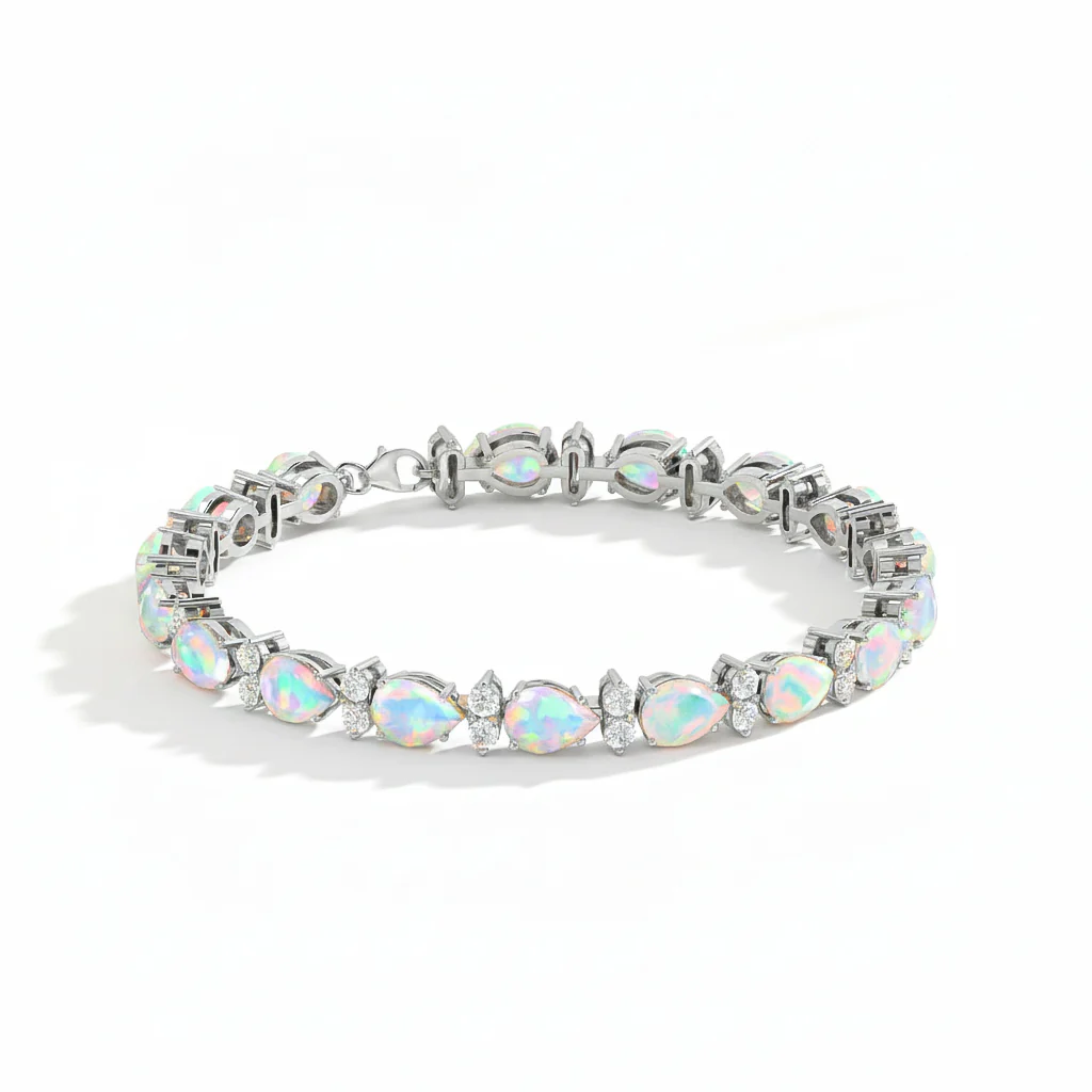 White Opal Pear & Round Bracelet 7x5 MM & 2.5 MM 18.9 Ct Elegant Glow - Image 3