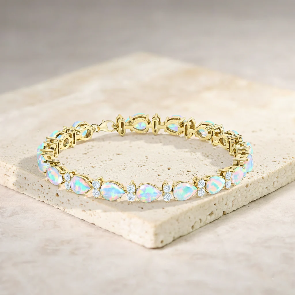 White Opal Pear & Round Bracelet 7x5 MM & 2.5 MM 18.9 Ct Elegant Glow - Image 4