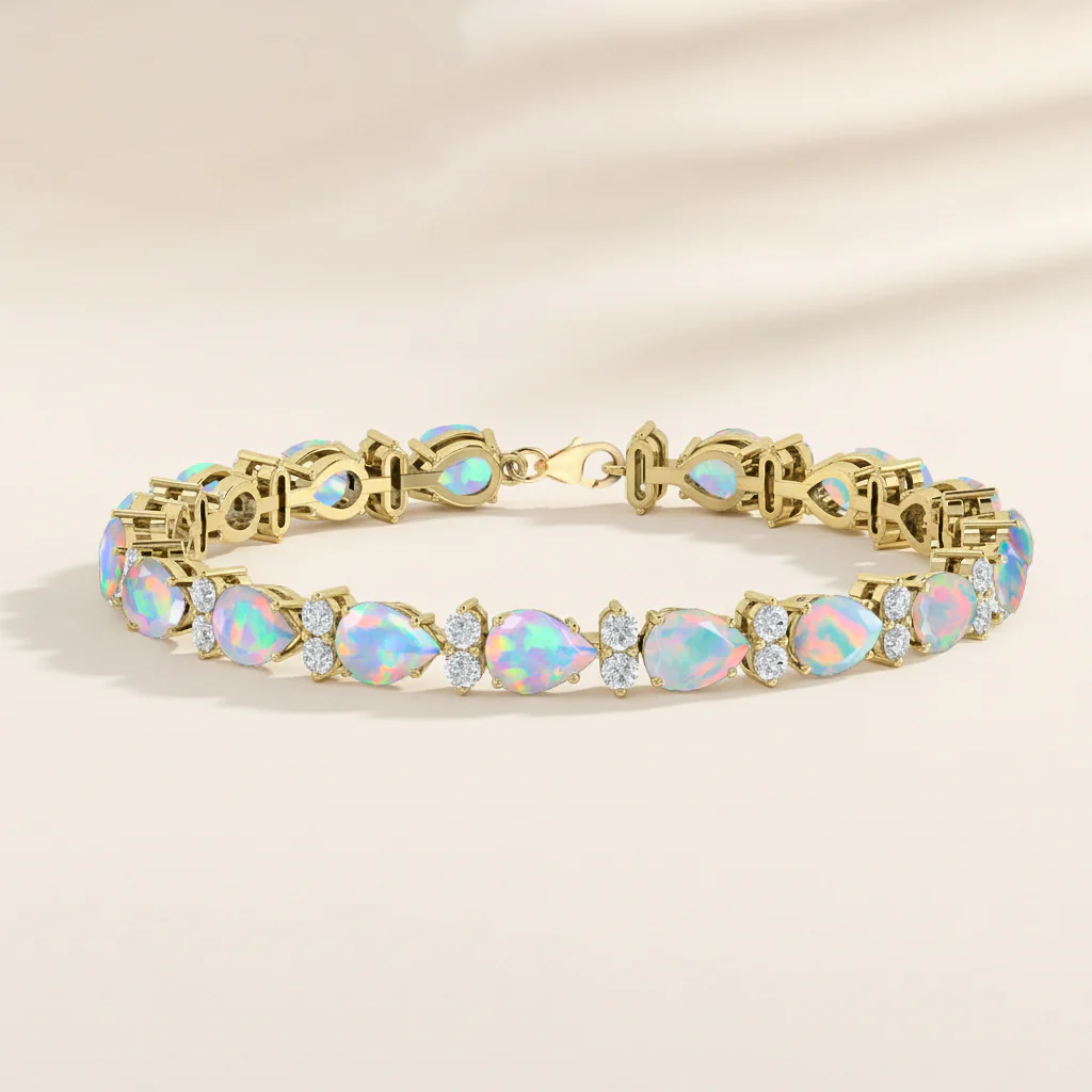 White Opal Pear & Round Bracelet 7x5 MM & 2.5 MM 18.9 Ct Elegant Glow - Image 5