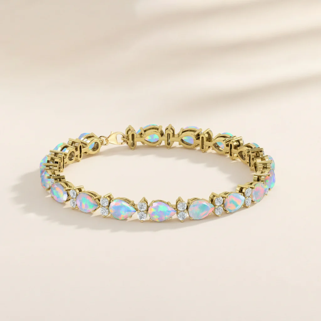 White Opal Pear & Round Bracelet 7x5 MM & 2.5 MM 18.9 Ct Elegant Glow - Image 7