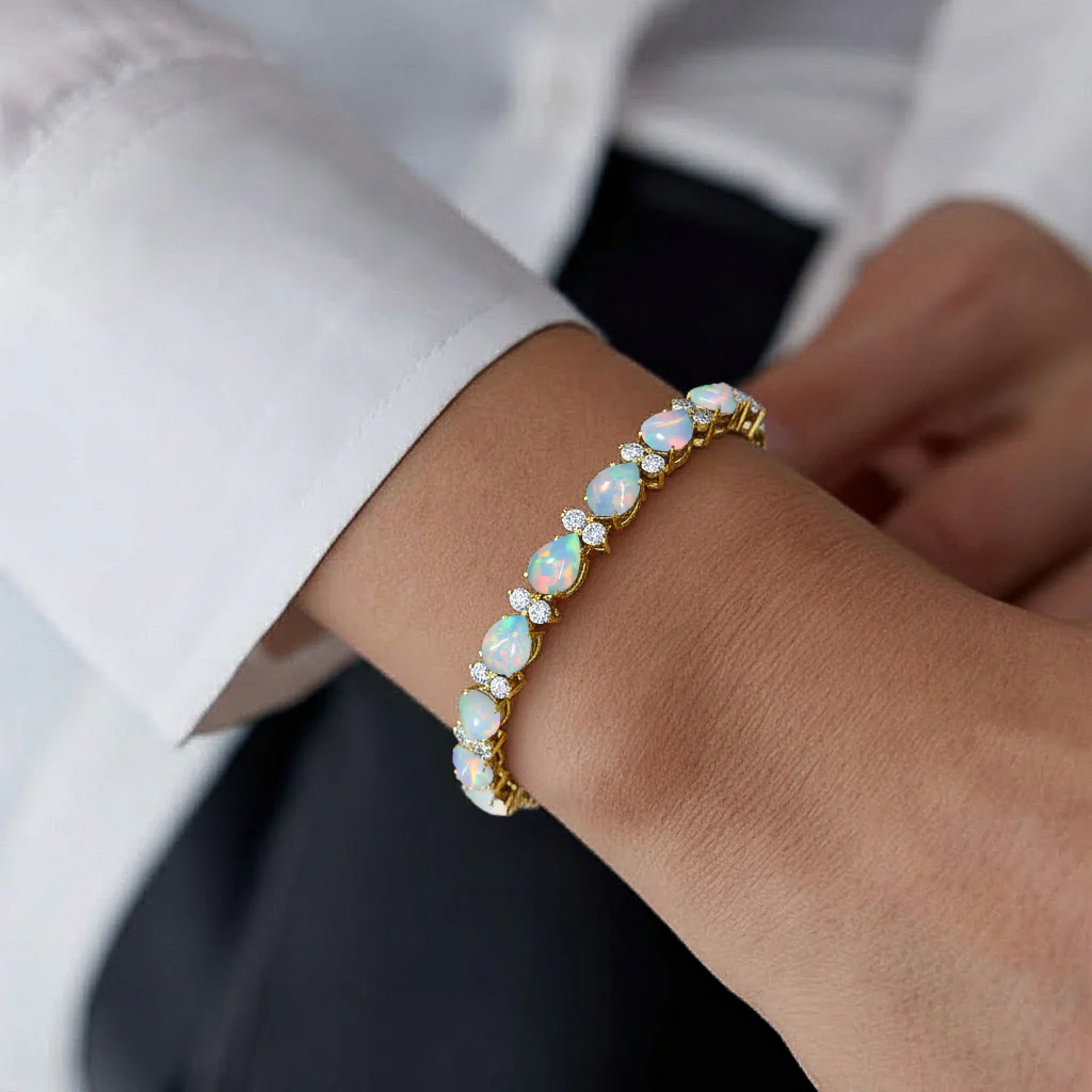 White Opal Pear & Round Bracelet 7x5 MM & 2.5 MM 18.9 Ct Elegant Glow - Image 9